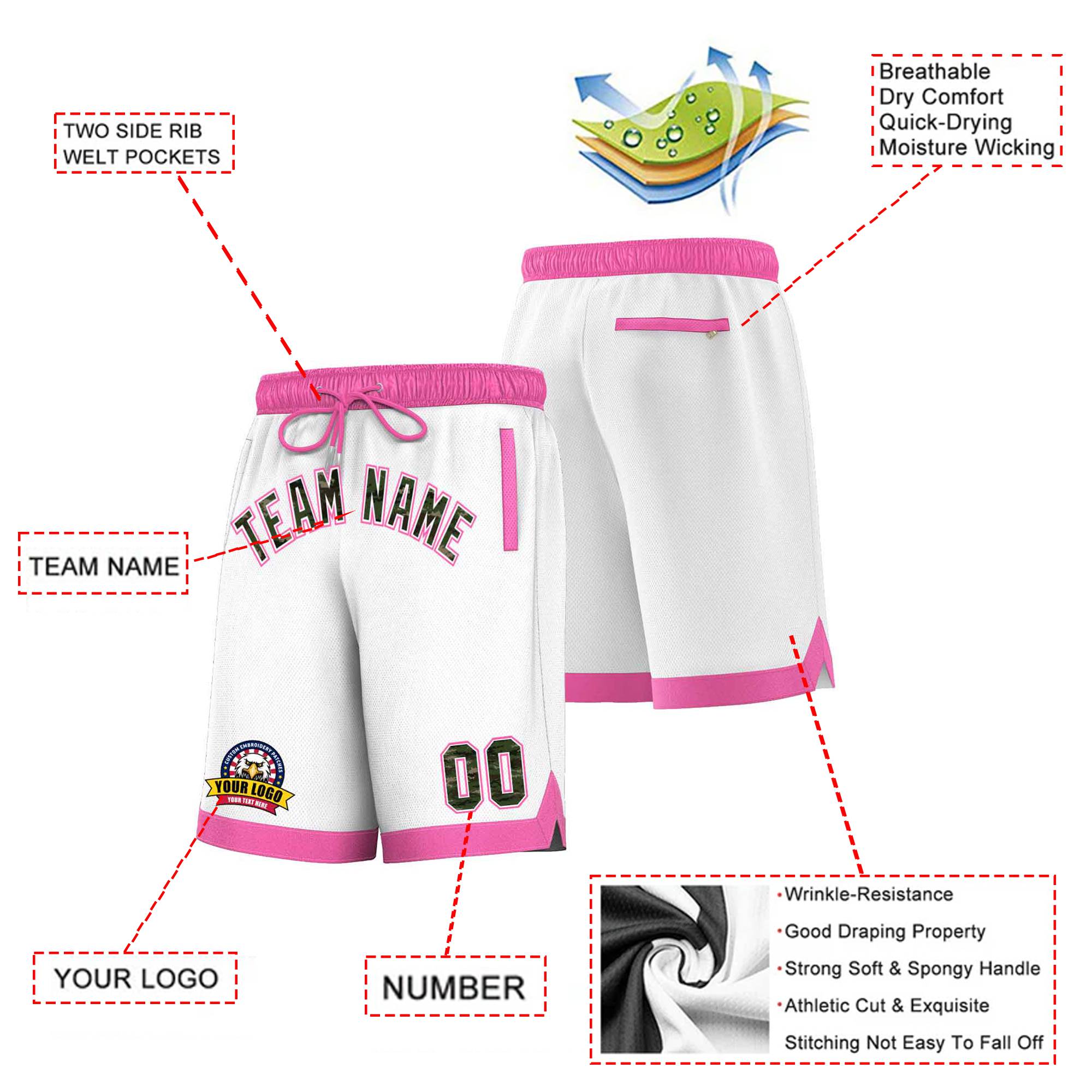 Custom White Pink Personalized Basketball Shorts