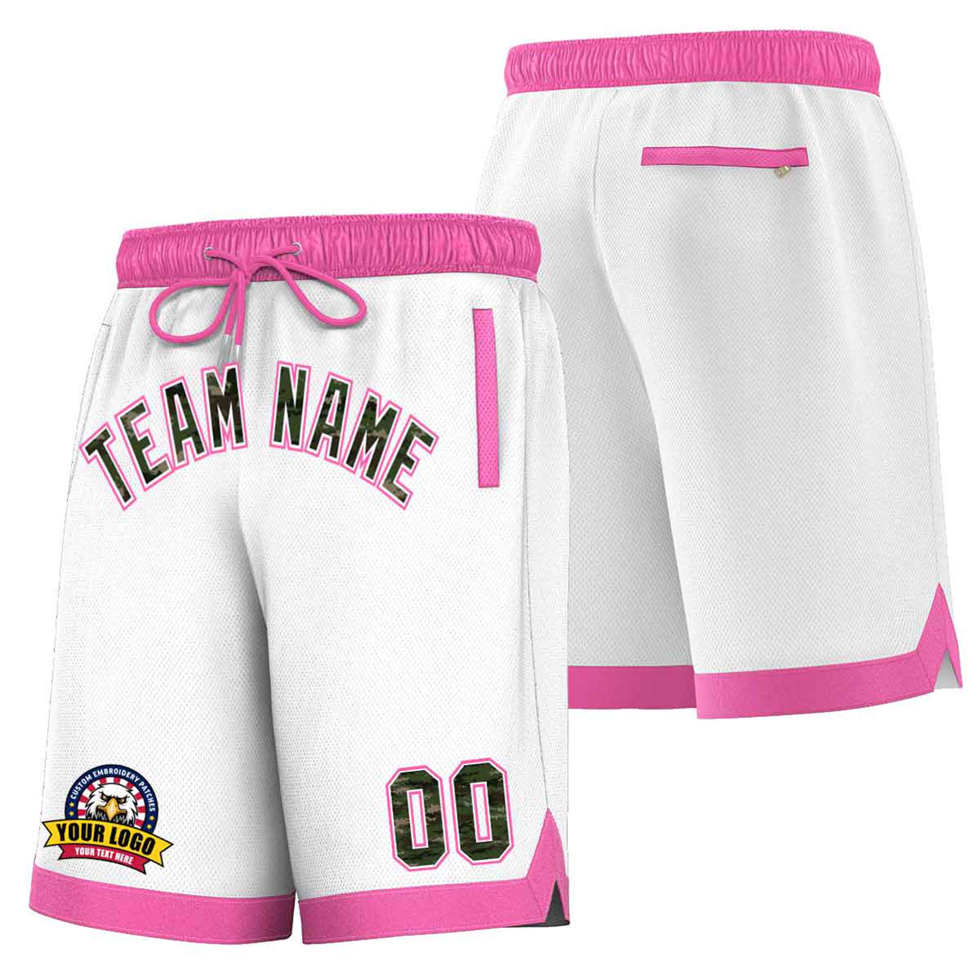 Custom White Pink Personalized Basketball Shorts