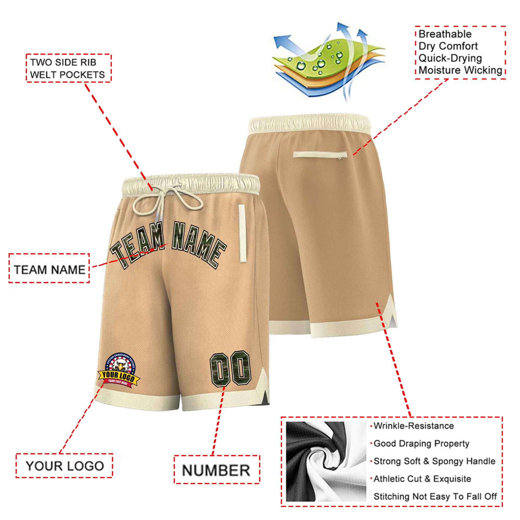 Custom Khaki Cream Personalized Basketball Shorts