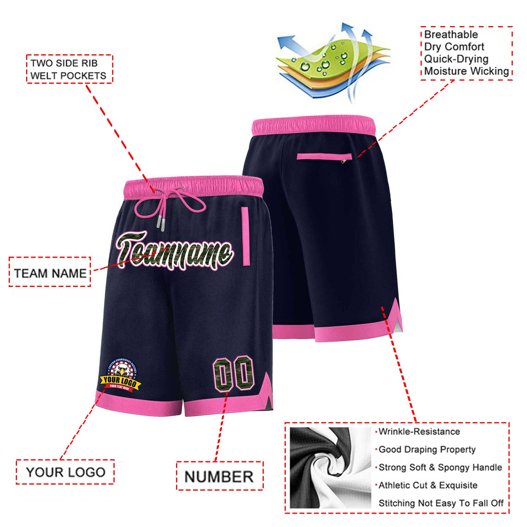 Custom Navy Pink Personalized Basketball Shorts