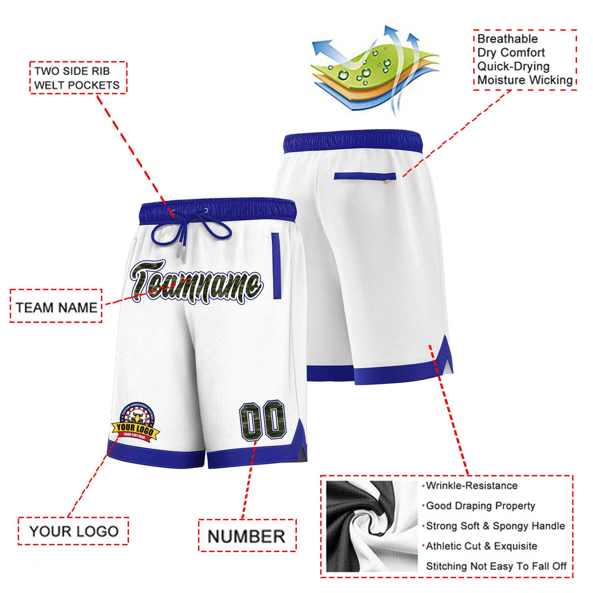 Custom White Blue Personalized Basketball Shorts