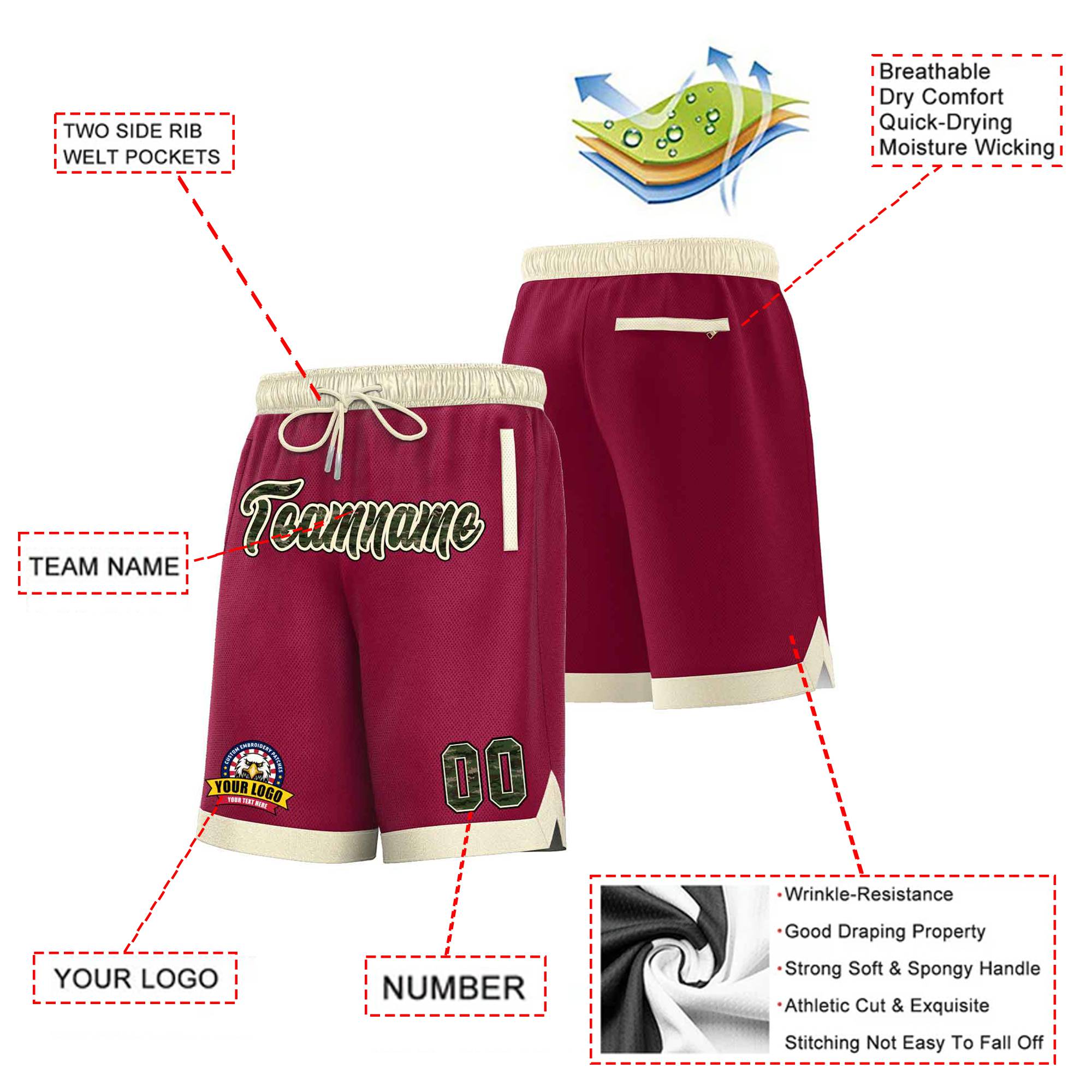 Custom Maroon Cream Personalized Basketball Shorts