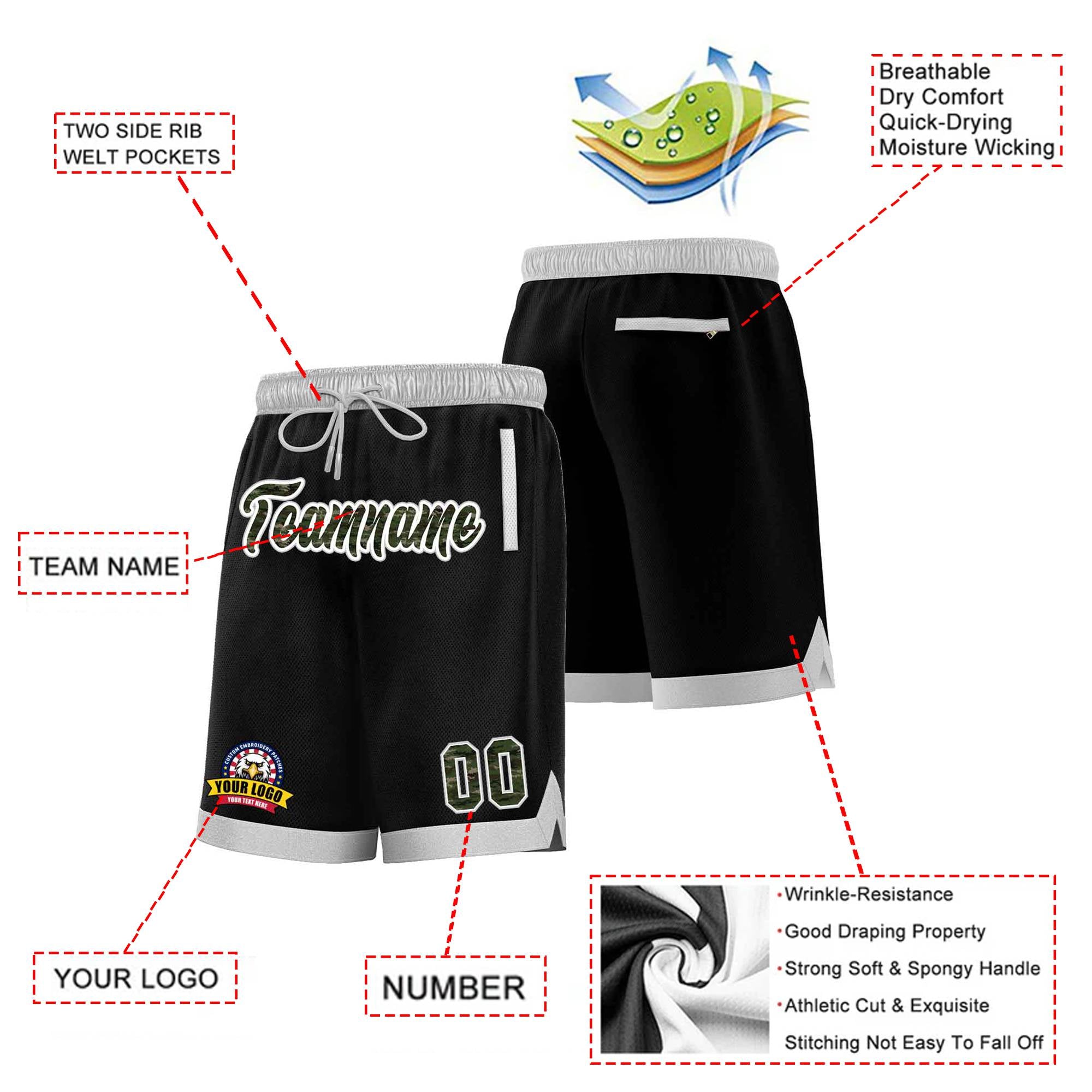 Custom Black Gray Personalized Basketball Shorts