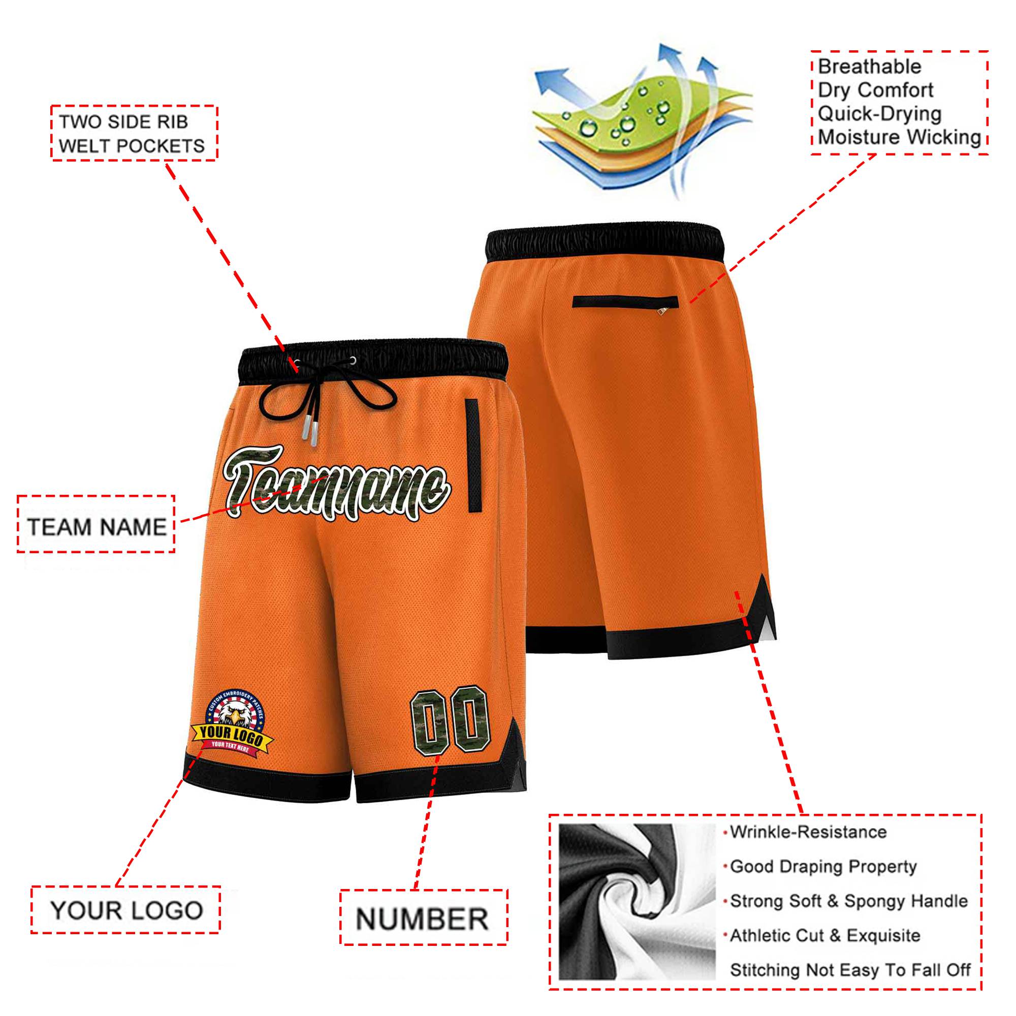 Custom Orange Black Personalized Basketball Shorts