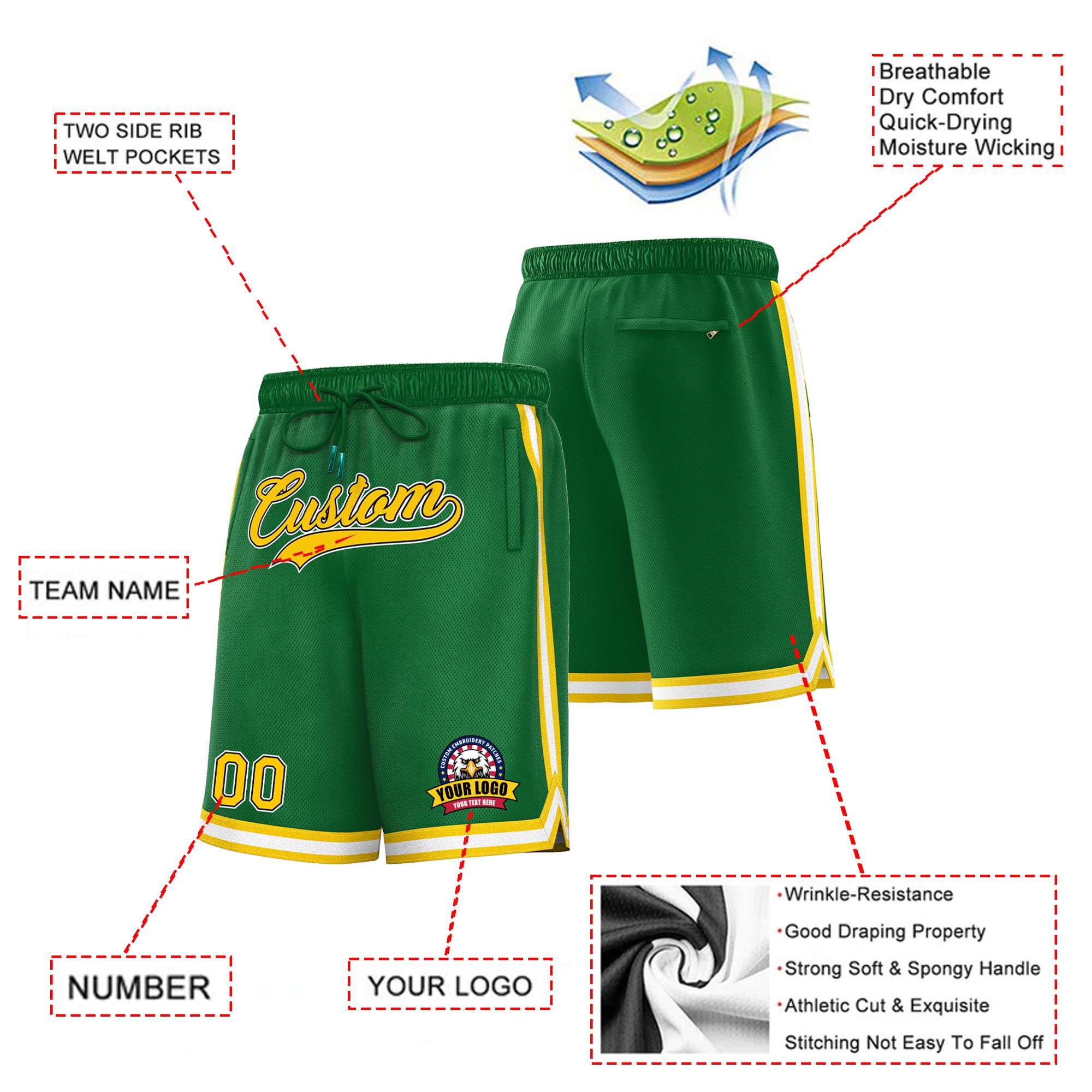 Custom Green Gold2-White Sport Basketball Shorts