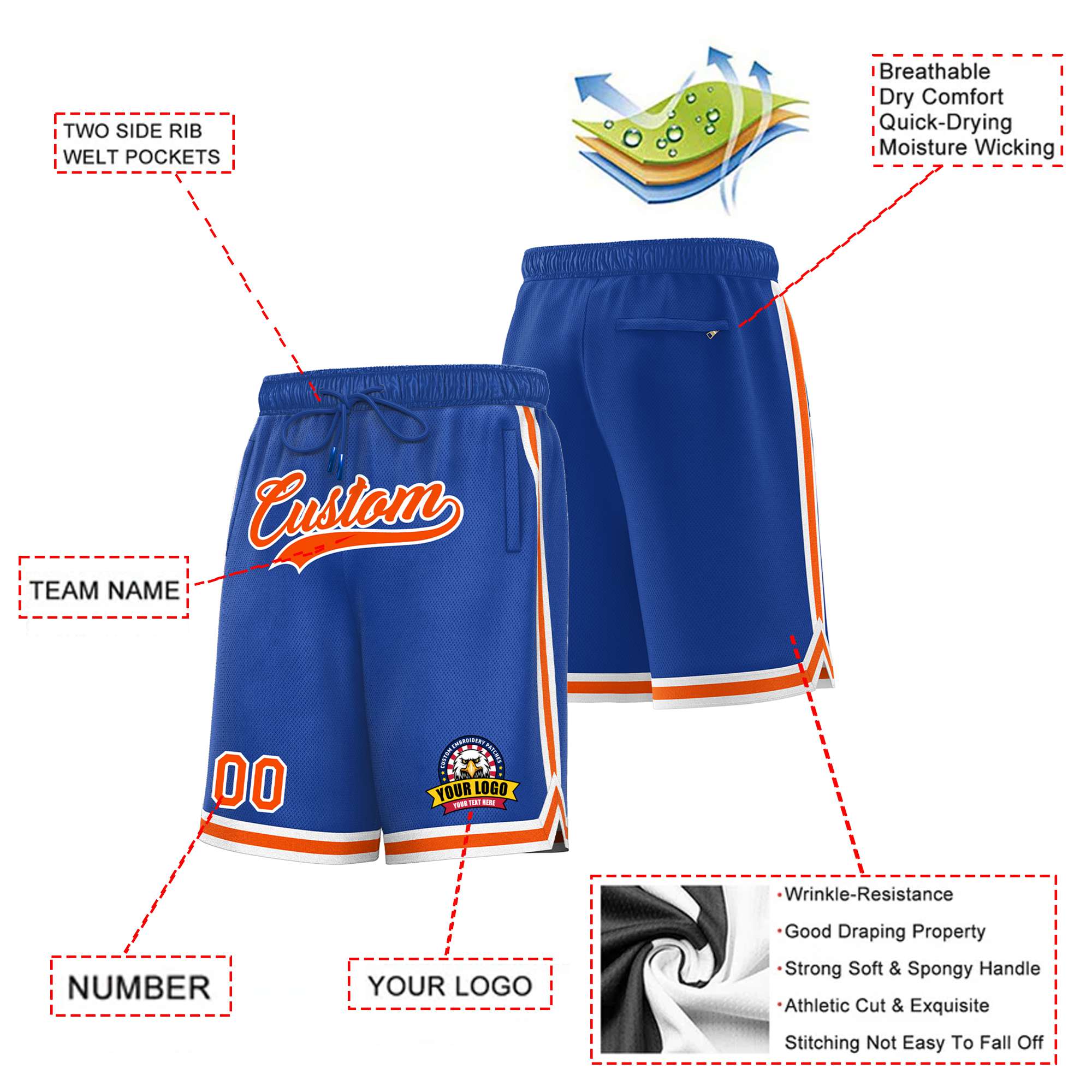 Custom Blue Orange-White Sport Basketball Shorts