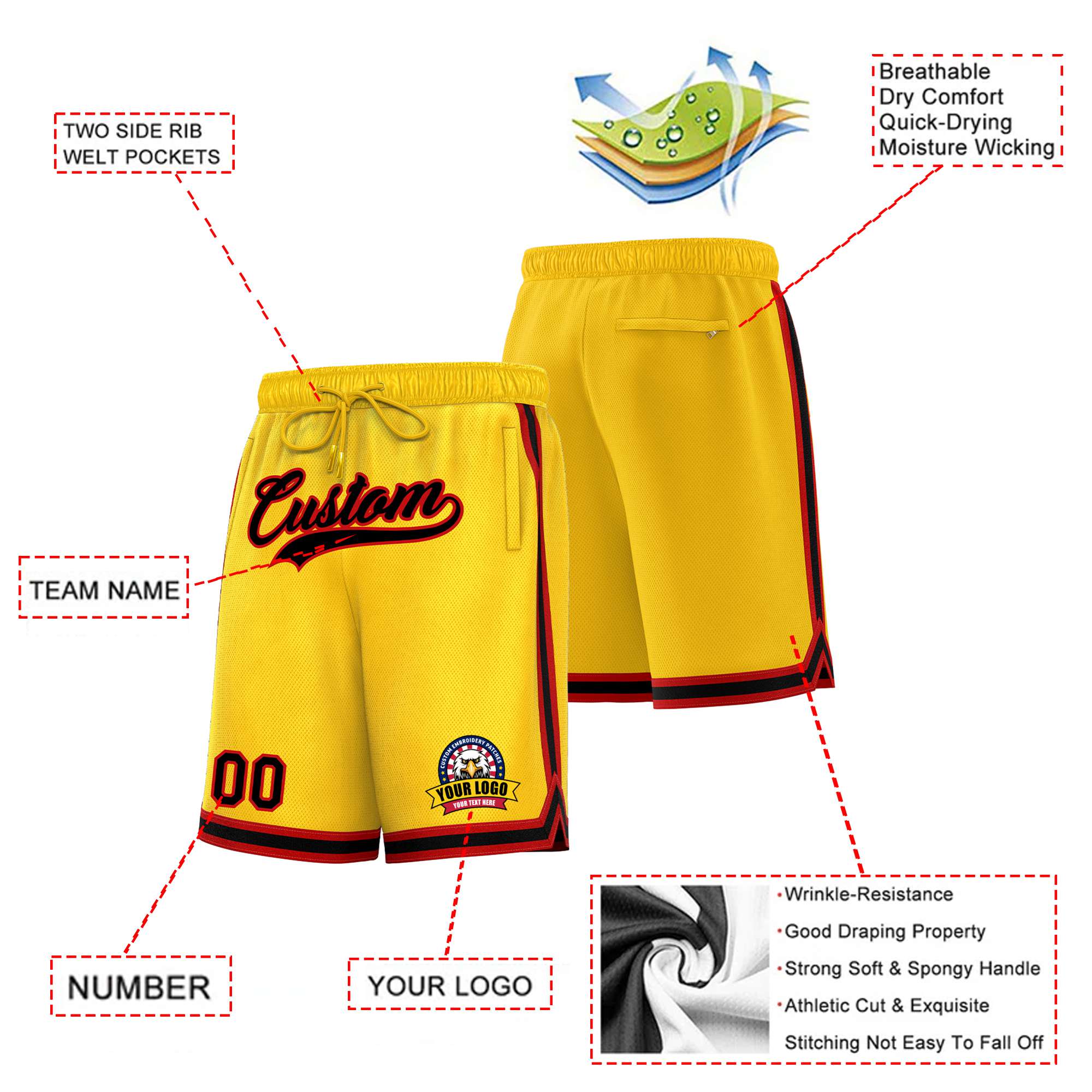 Custom Yellow Red-White Sport Basketball Shorts