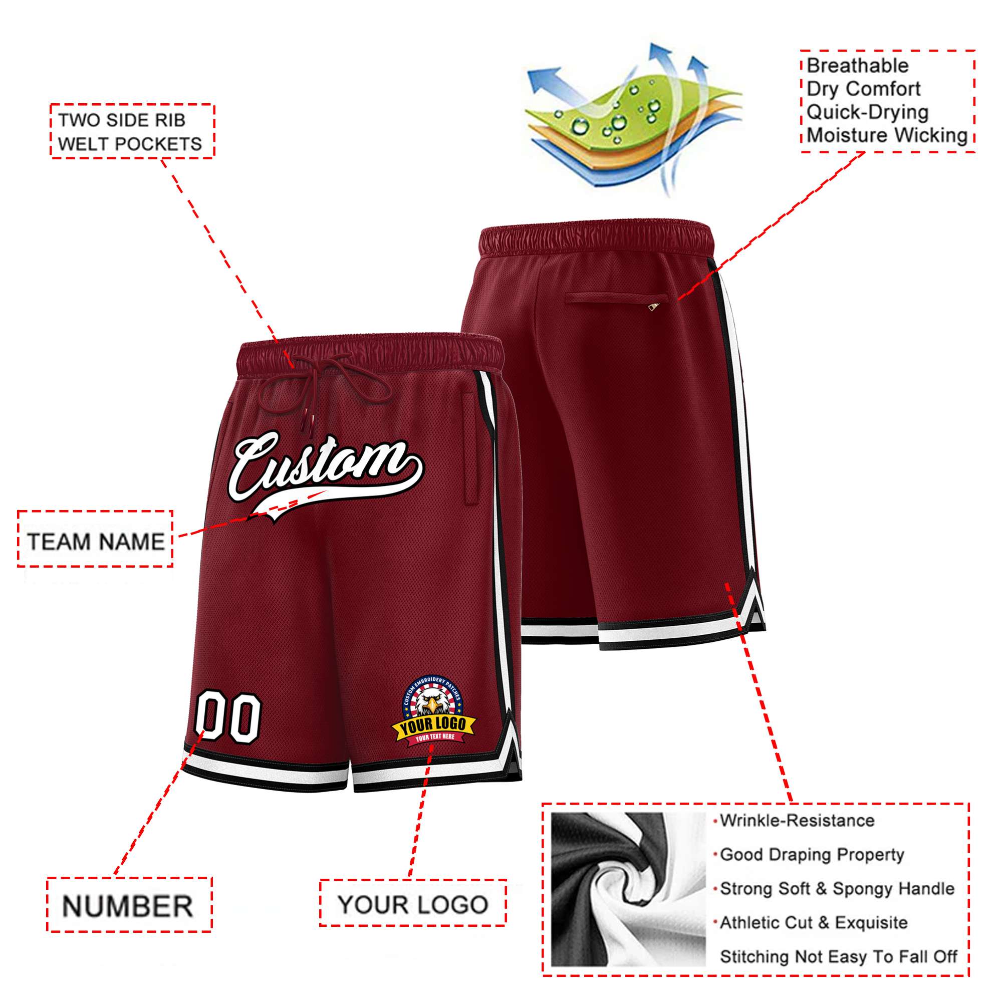 Custom Maroon Black-White Sport Basketball Shorts