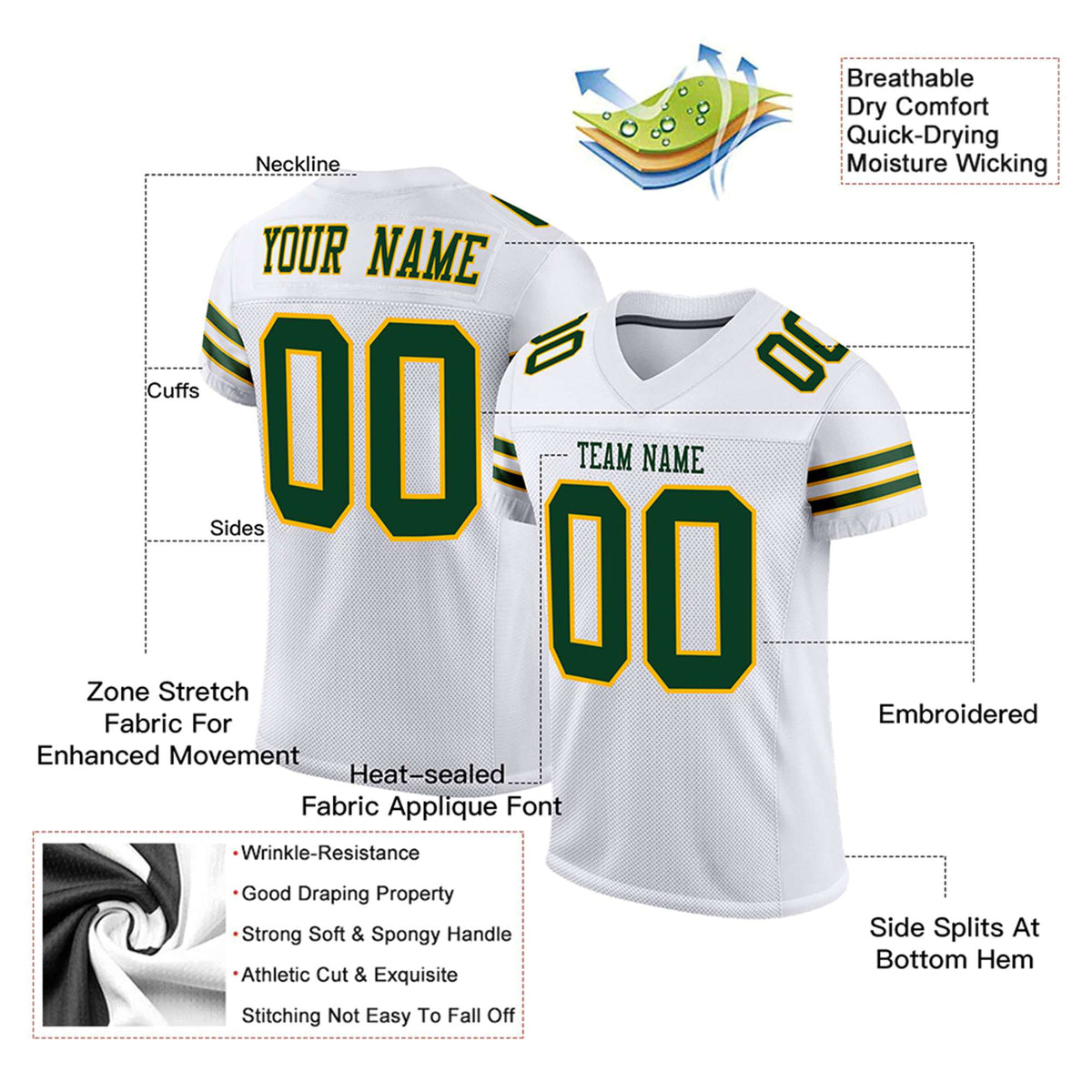 Custom White Green-Gold Mesh Authentic Football Jersey
