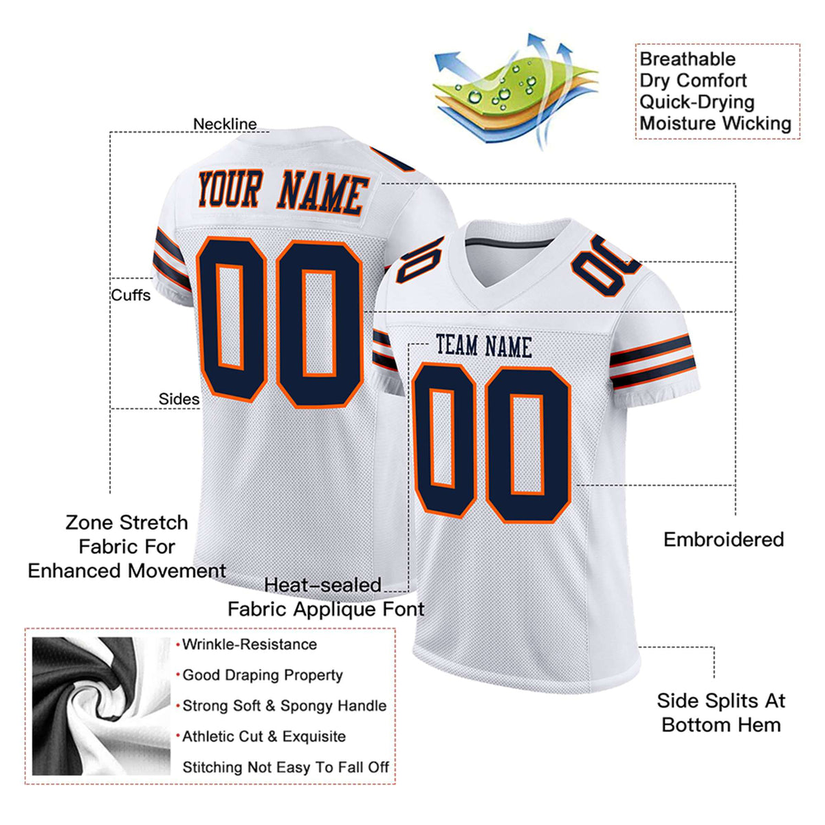 Custom White Navy-Orange Mesh Authentic Football Jersey