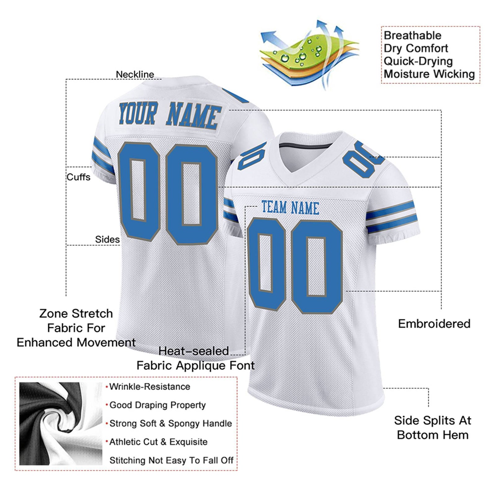 Custom White Light-Blue Gray Mesh Authentic Football Jersey