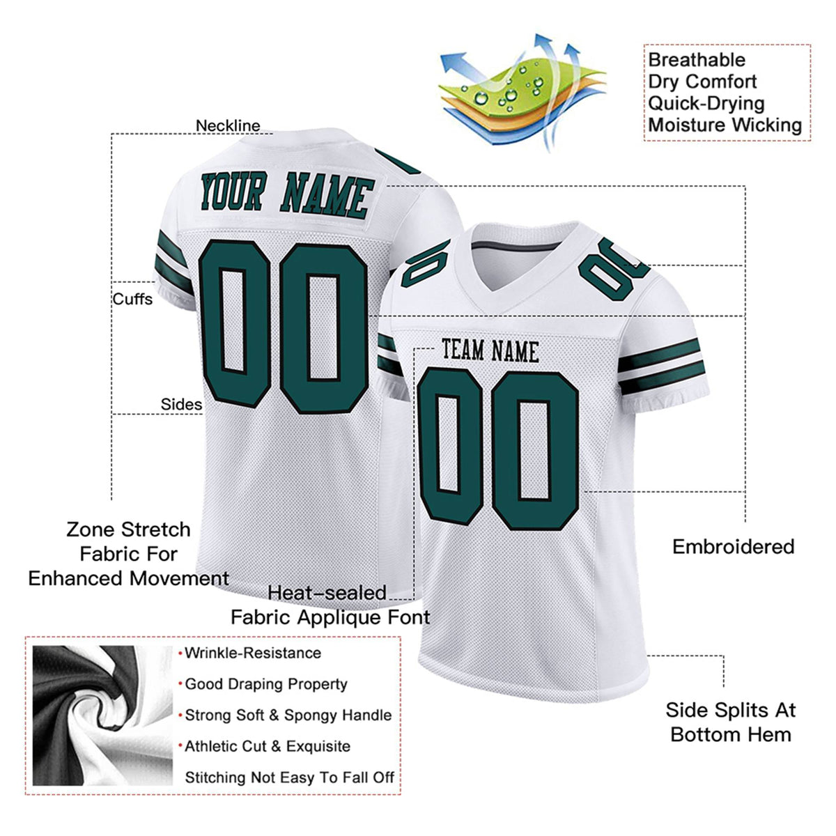 Custom White Midnight-Green Black Mesh Authentic Football Jersey