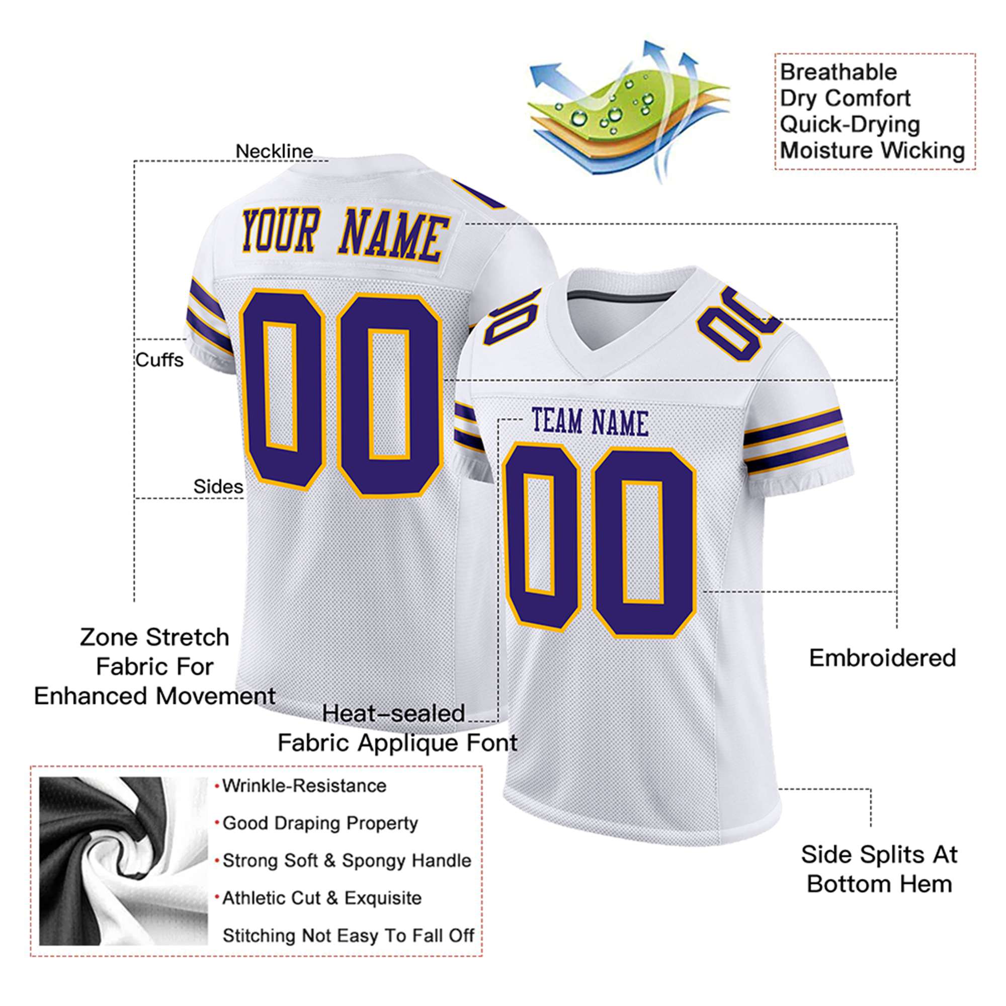 Custom White Purple-Yellow Mesh Authentic Football Jersey