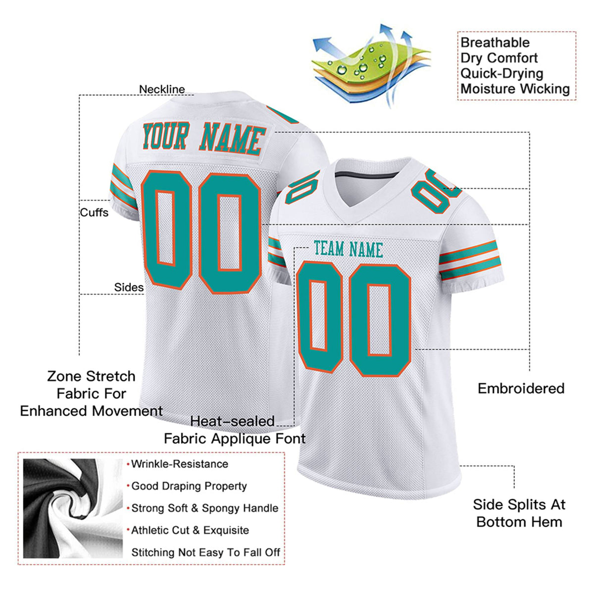 Custom White Aqua-Orange Mesh Authentic Football Jersey