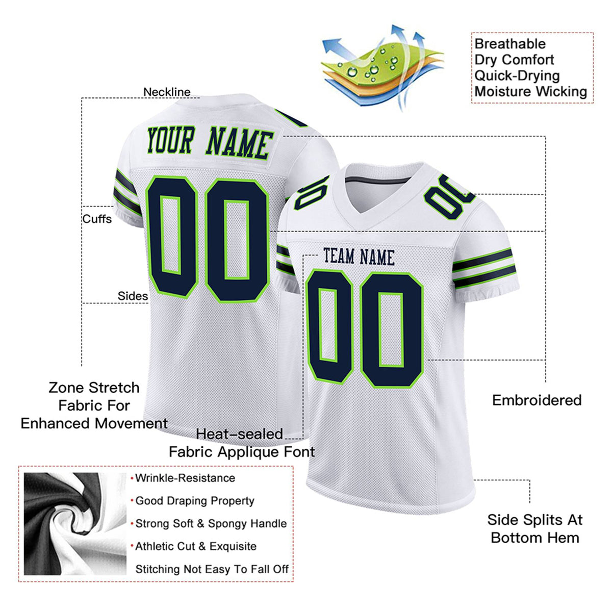 Custom White Navy-Neon Green Mesh Authentic Football Jersey