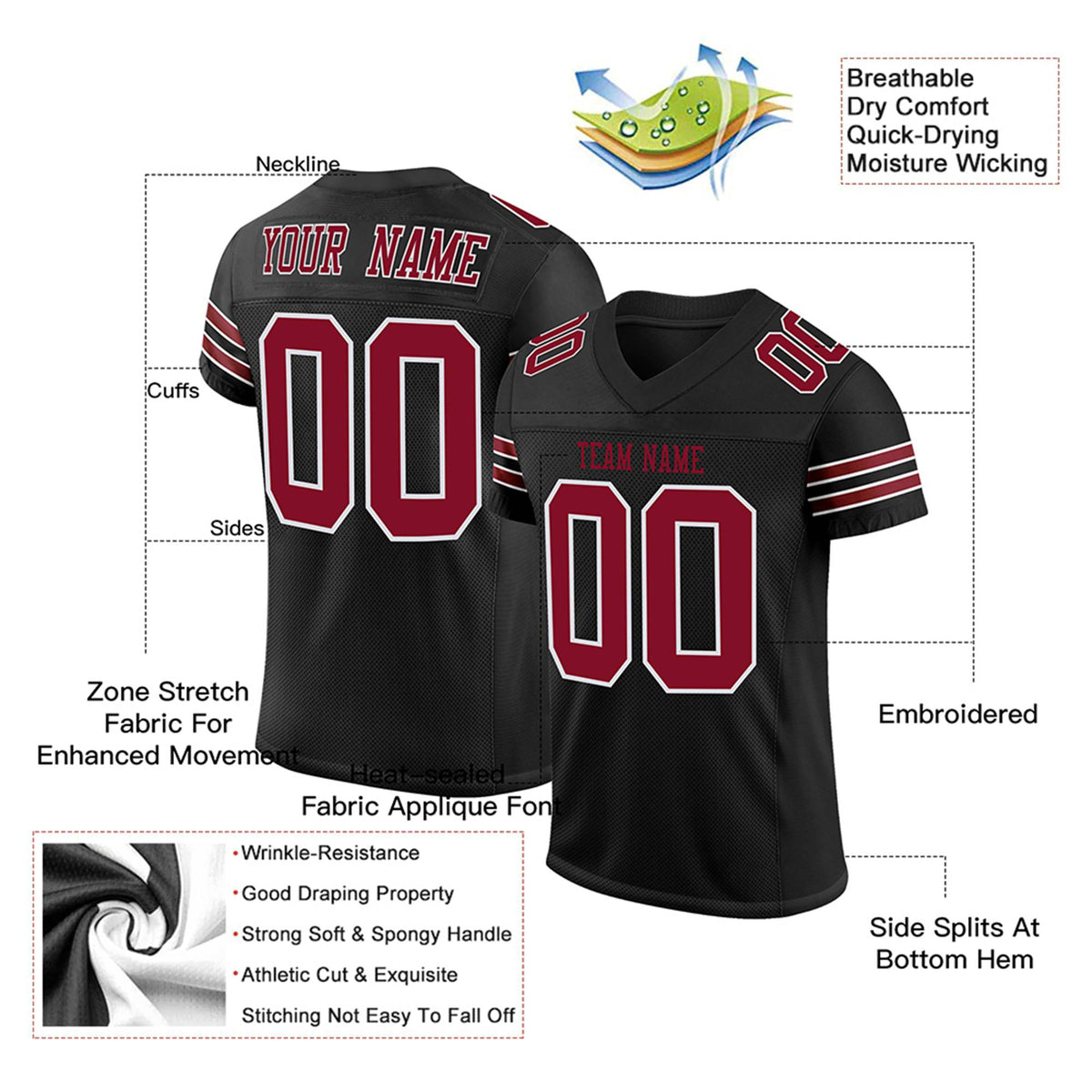 Custom Black Red-White Mesh Authentic Football Jersey