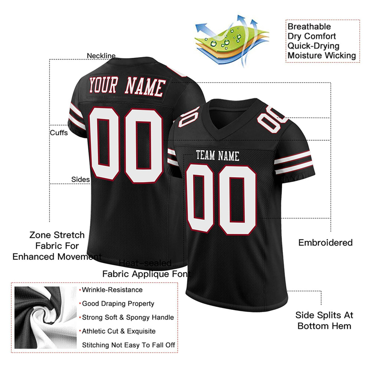 Custom Black White-Red Mesh Authentic Football Jersey