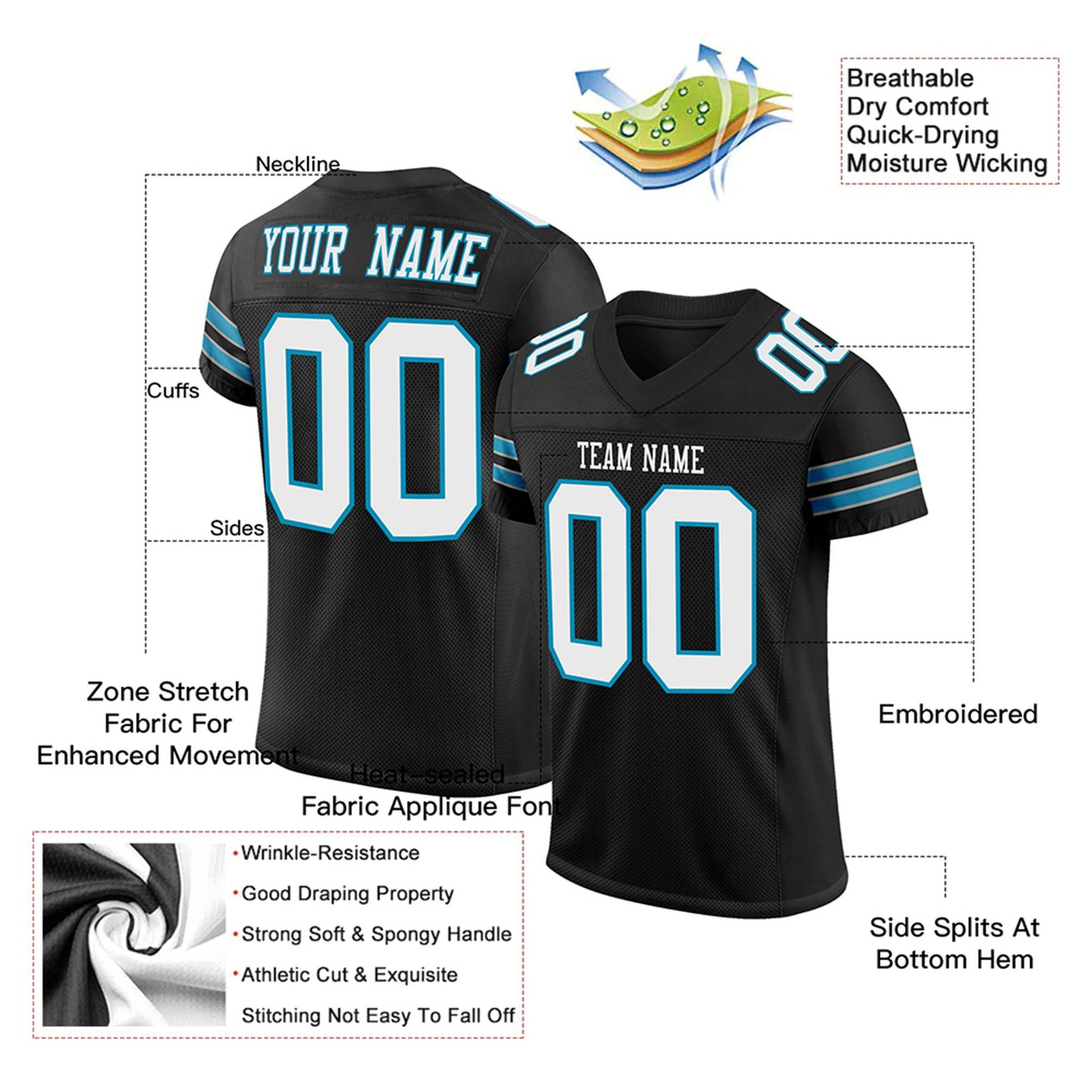 Custom Black White-Blue Mesh Authentic Football Jersey