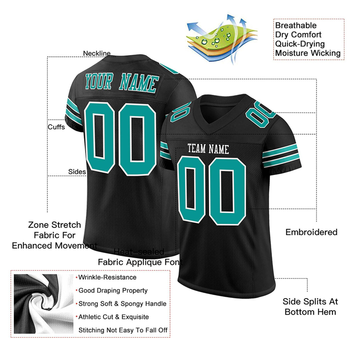 Custom Black Aqua-White Mesh Authentic Football Jersey
