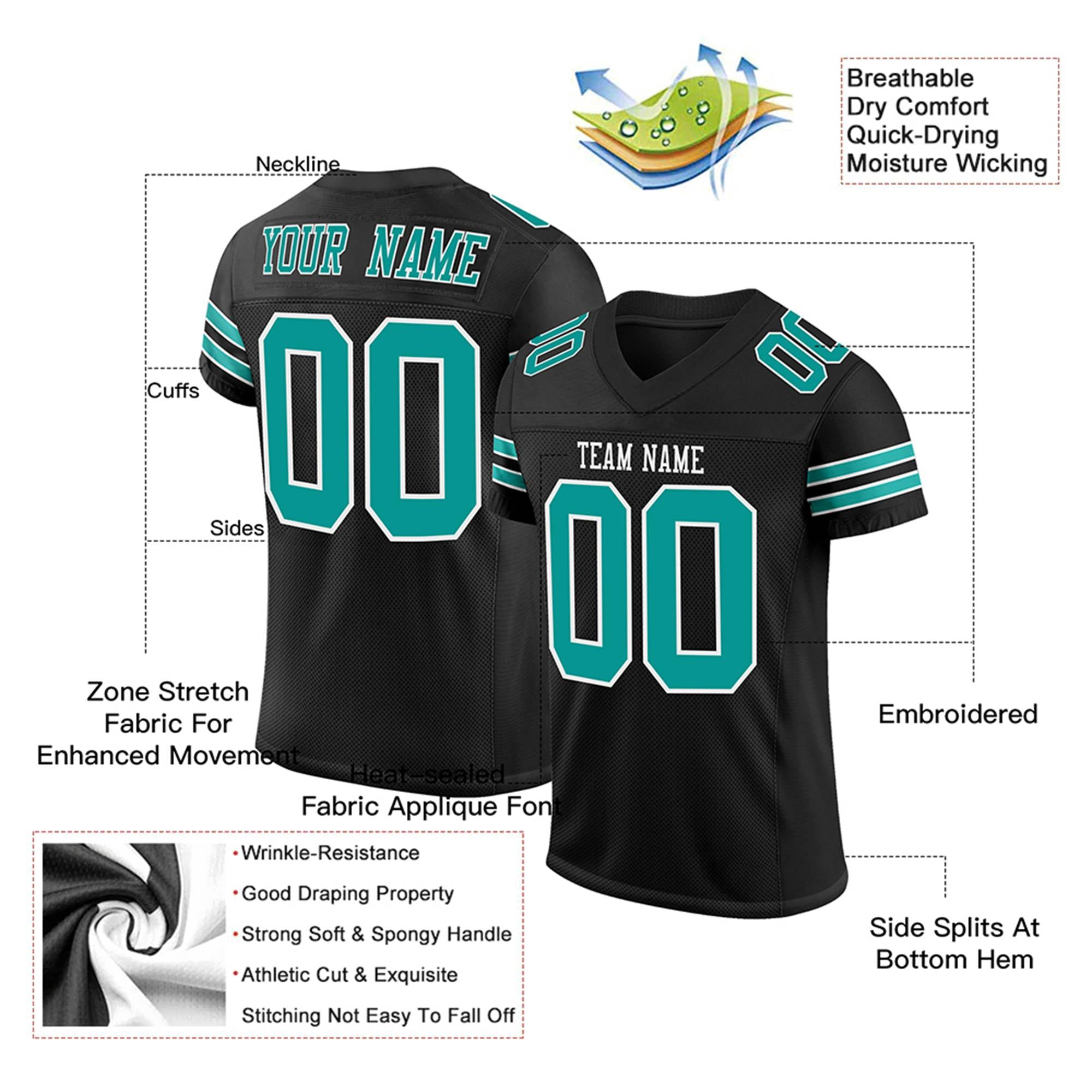 Custom Black Aqua-White Mesh Authentic Football Jersey