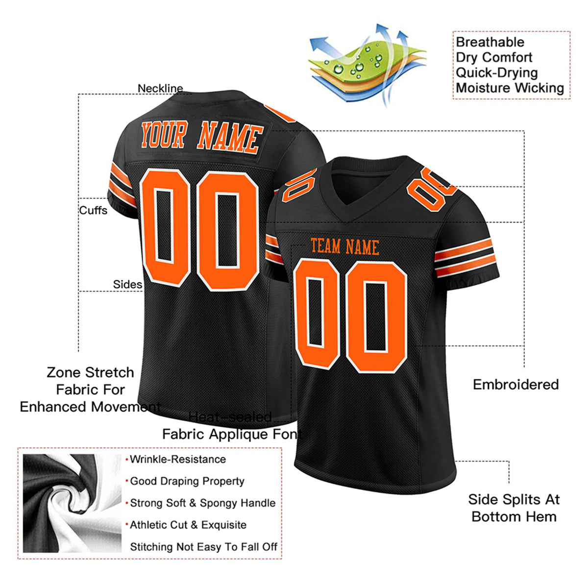 Custom Black Orange-White Mesh Authentic Football Jersey
