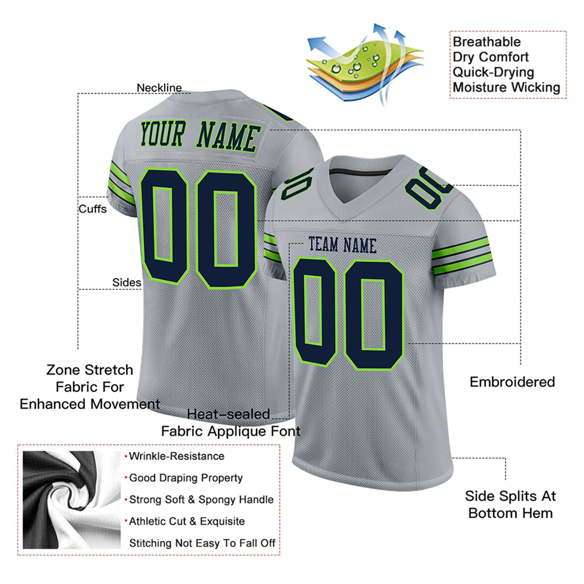 Custom Gray Navy Neon-Green Mesh Authentic Football Jersey