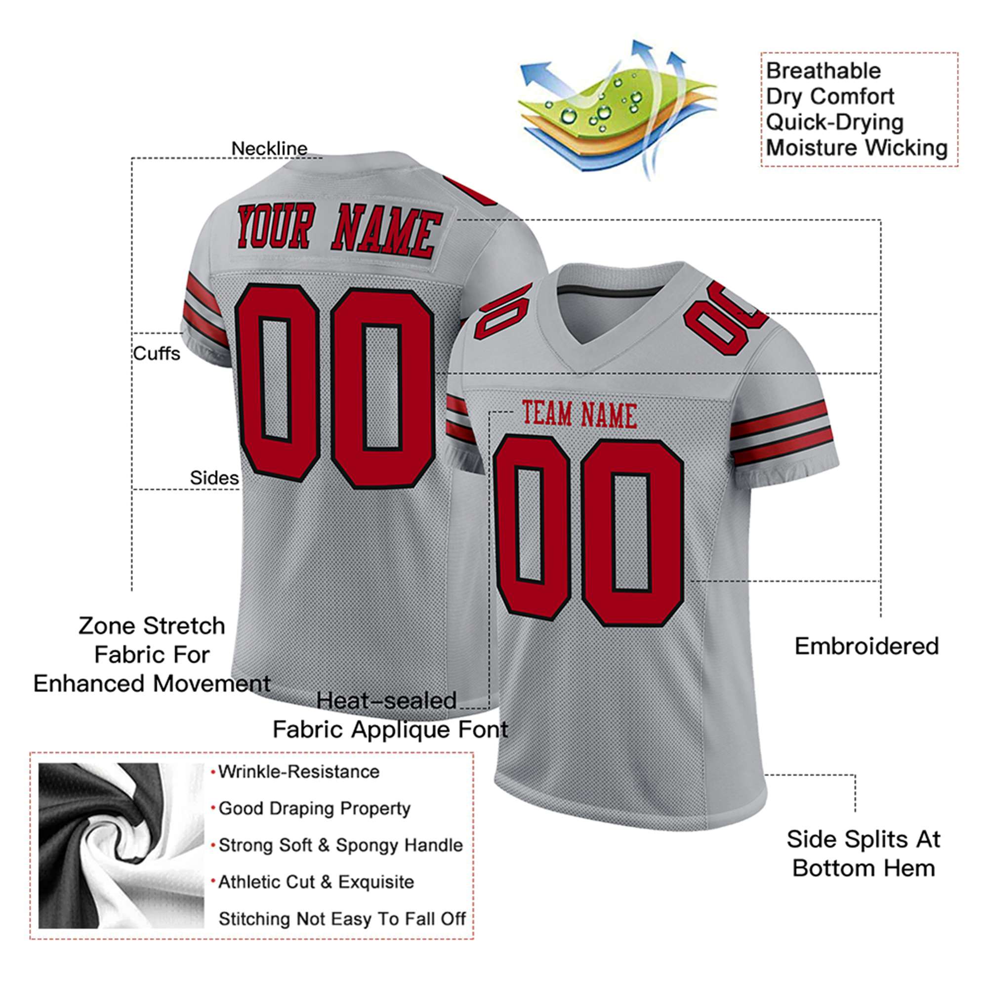 Custom Gray Red-Black Mesh Authentic Football Jersey