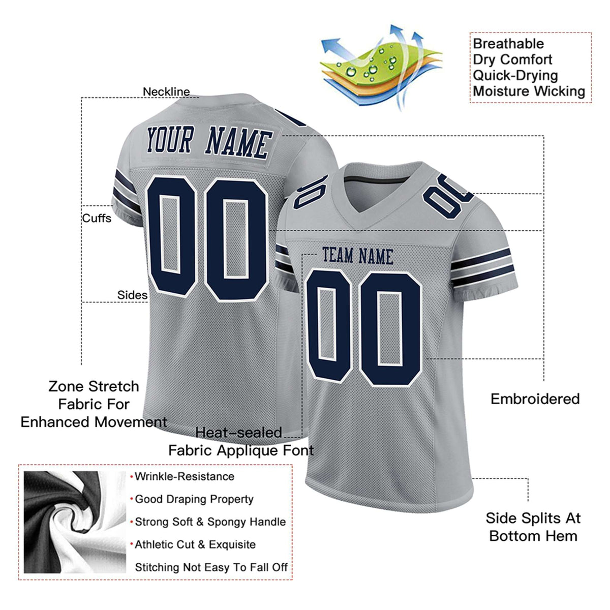 Custom Gray Navy-White Mesh Authentic Football Jersey