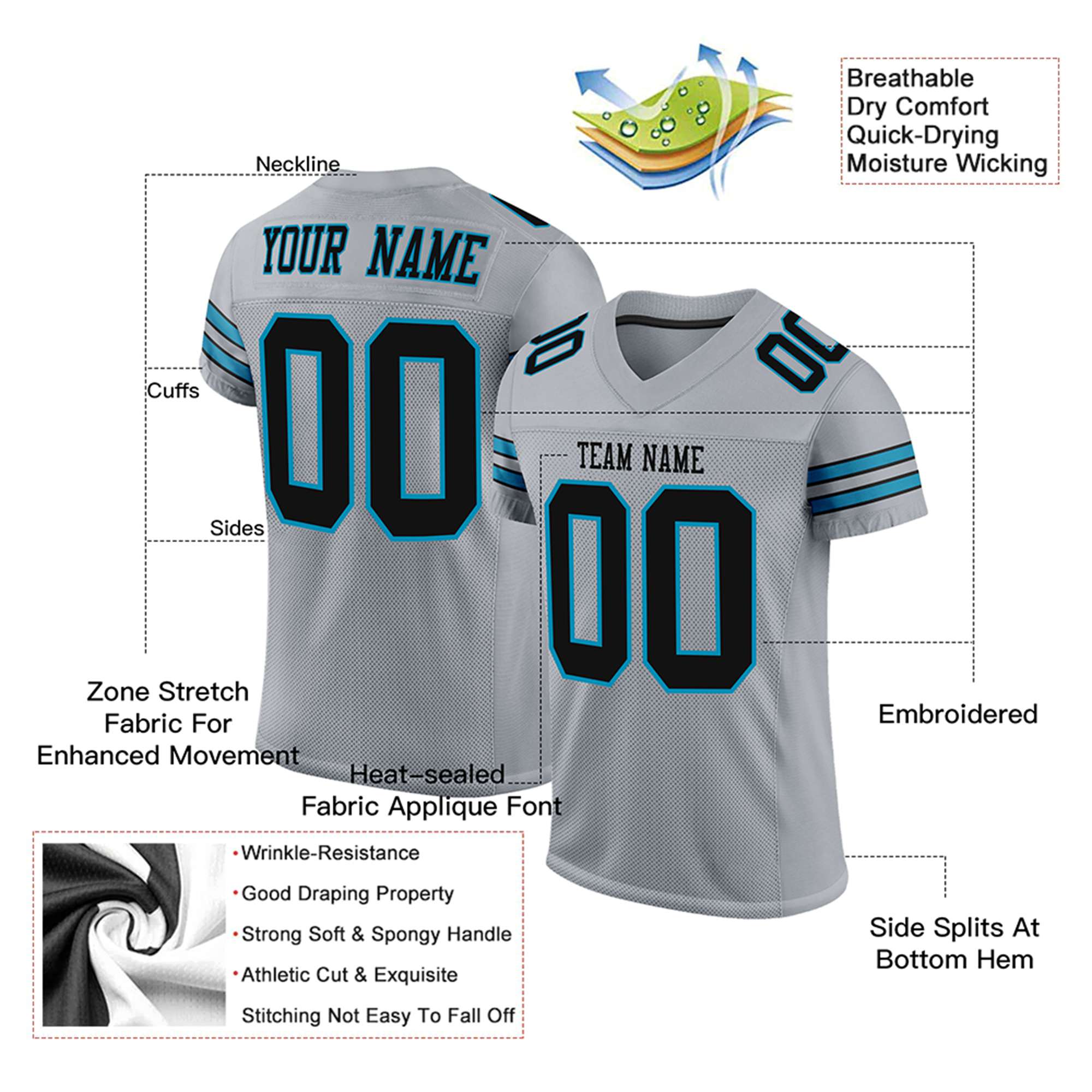 Custom Gray Black-Blue Mesh Authentic Football Jersey