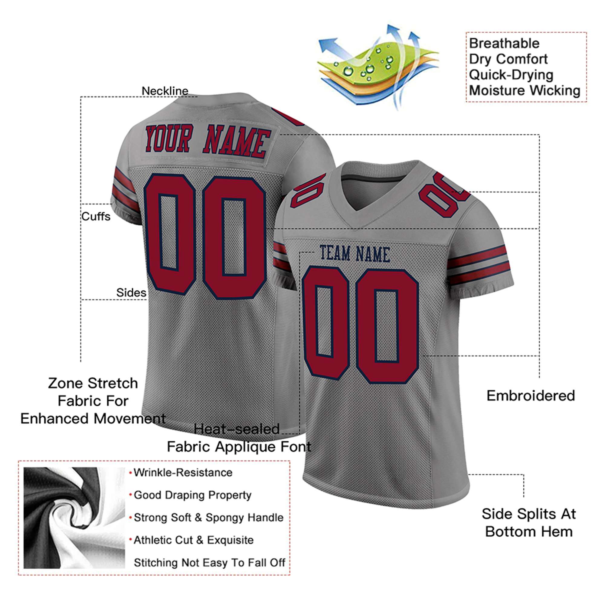 Custom Gray Burgundy-Navy blue Mesh Authentic Football Jersey