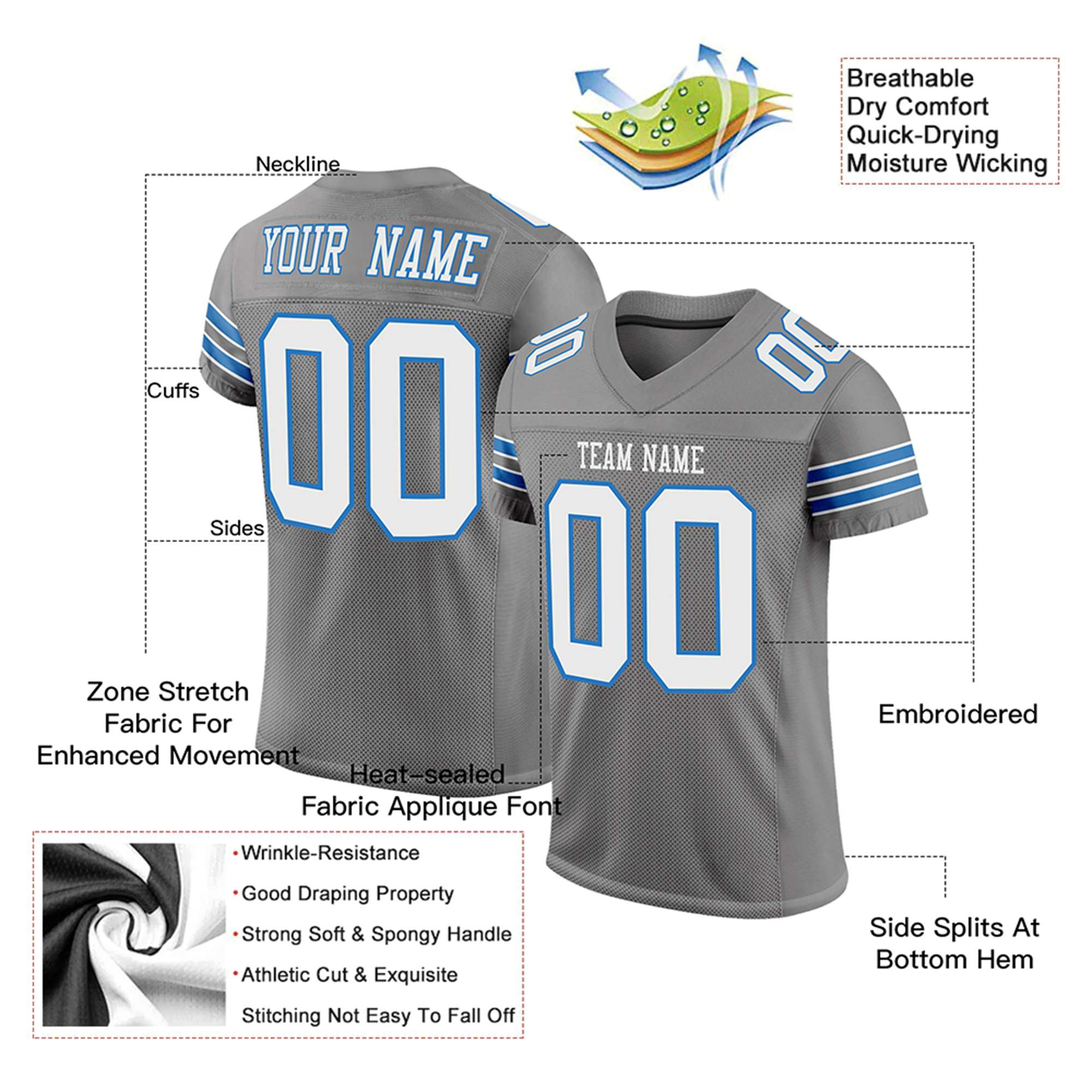 Custom Gray White-Blue Mesh Authentic Football Jersey