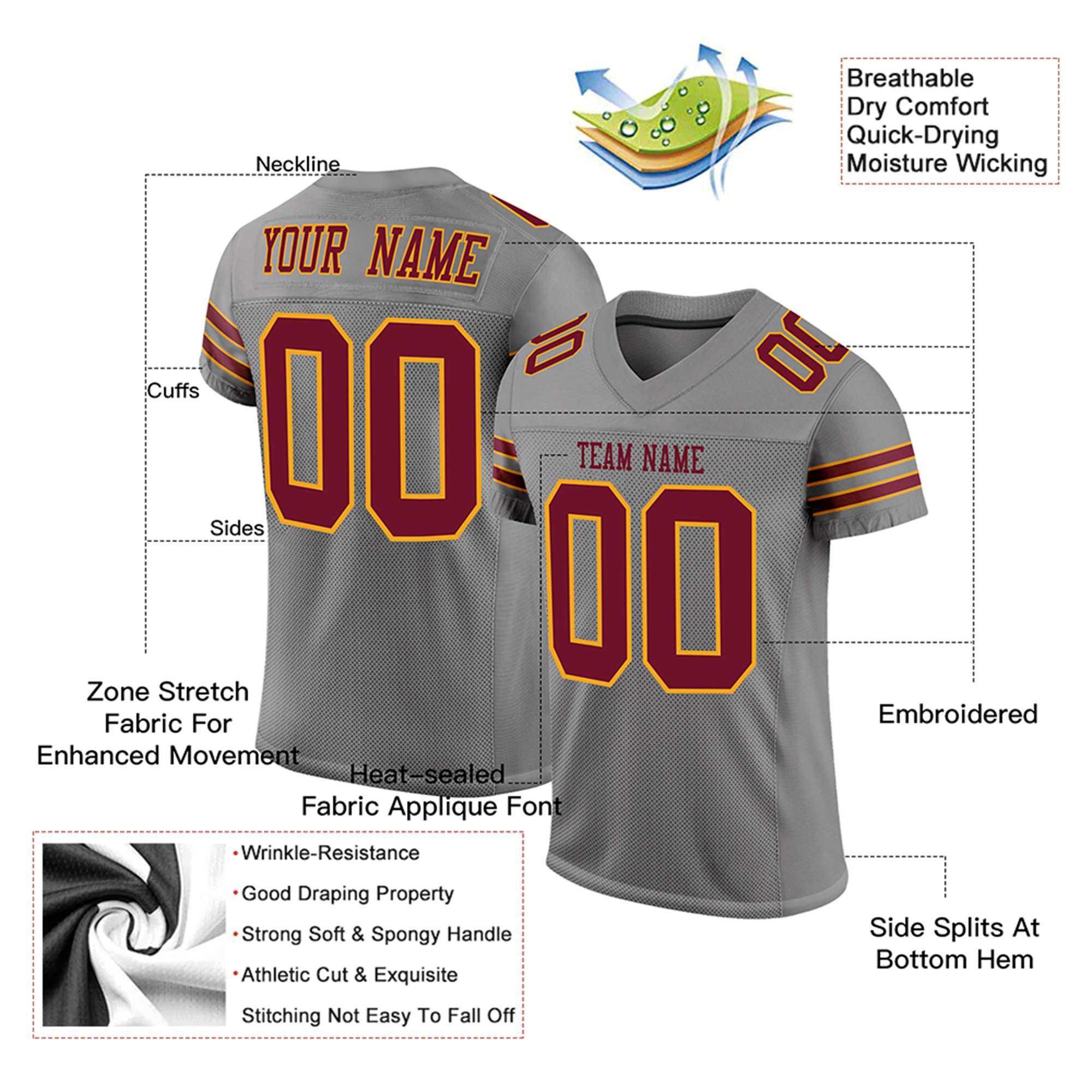 Custom Gray Burgundy-Gold Mesh Authentic Football Jersey