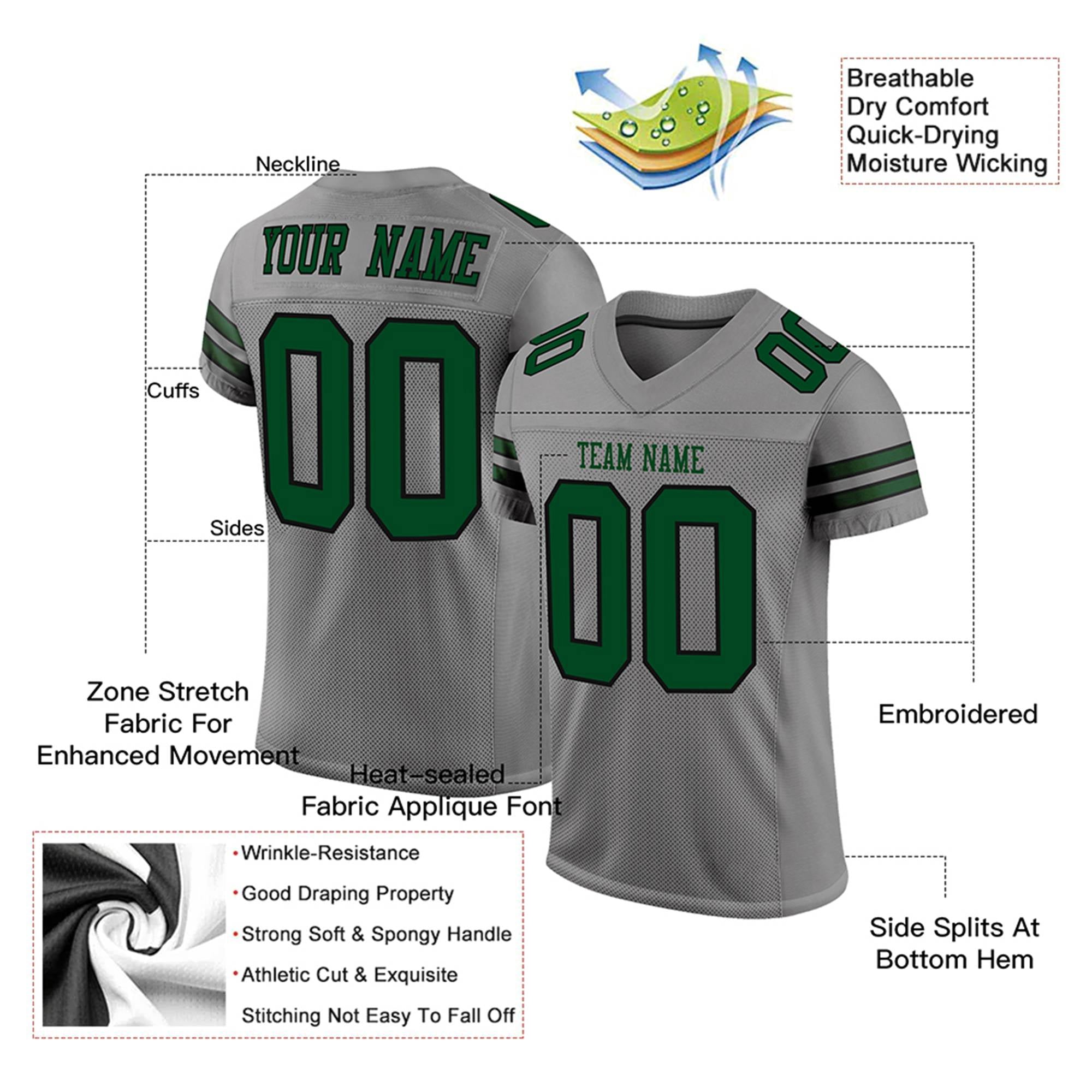 Custom Gray Green-Black Mesh Authentic Football Jersey