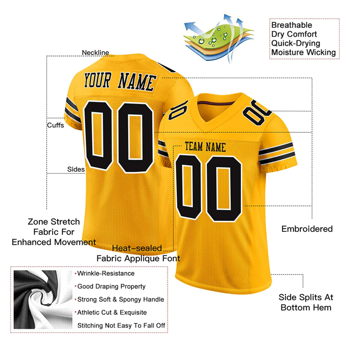 Custom Yellow Black-White Mesh Authentic Football Jersey