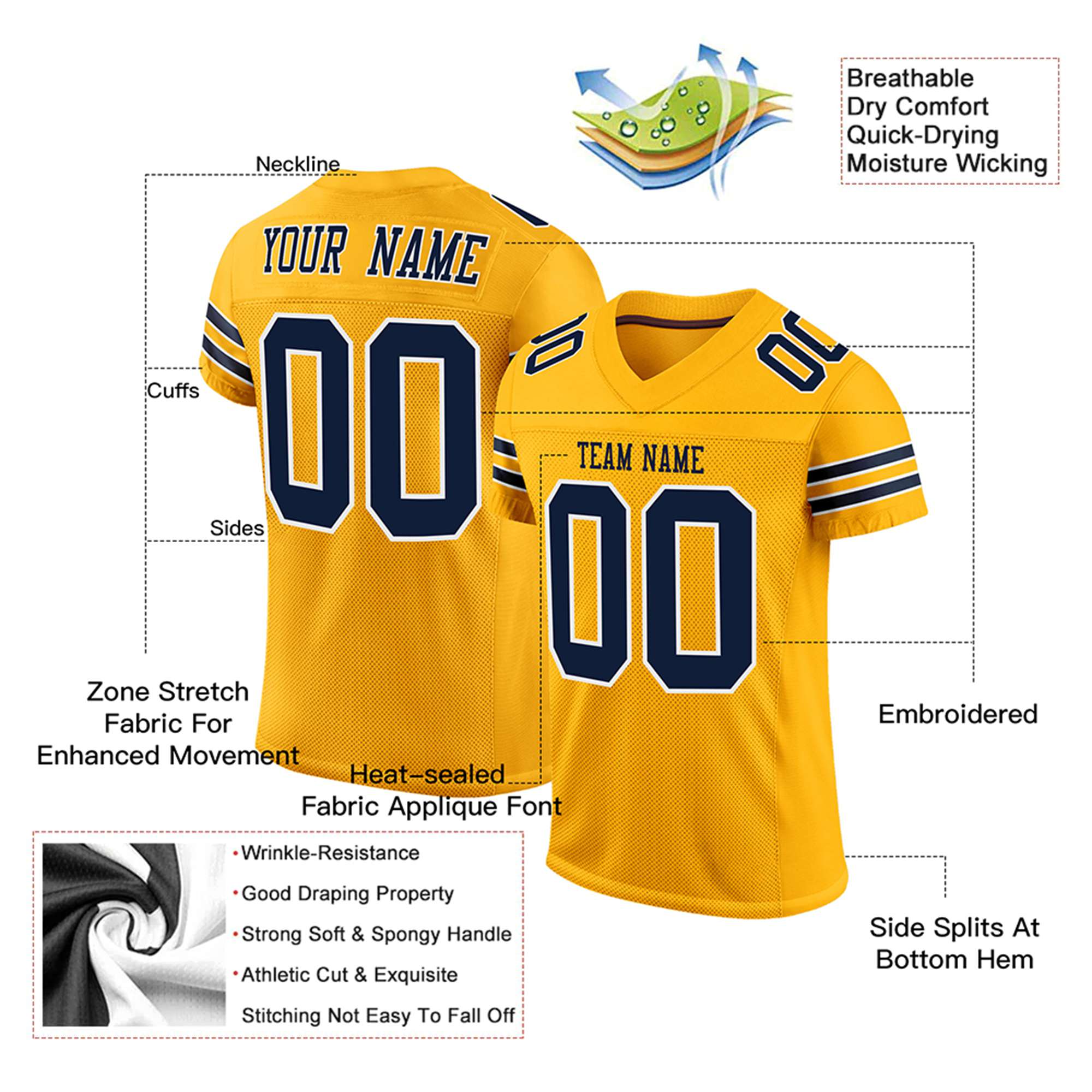 Custom Yellow Navy-White Mesh Authentic Football Jersey