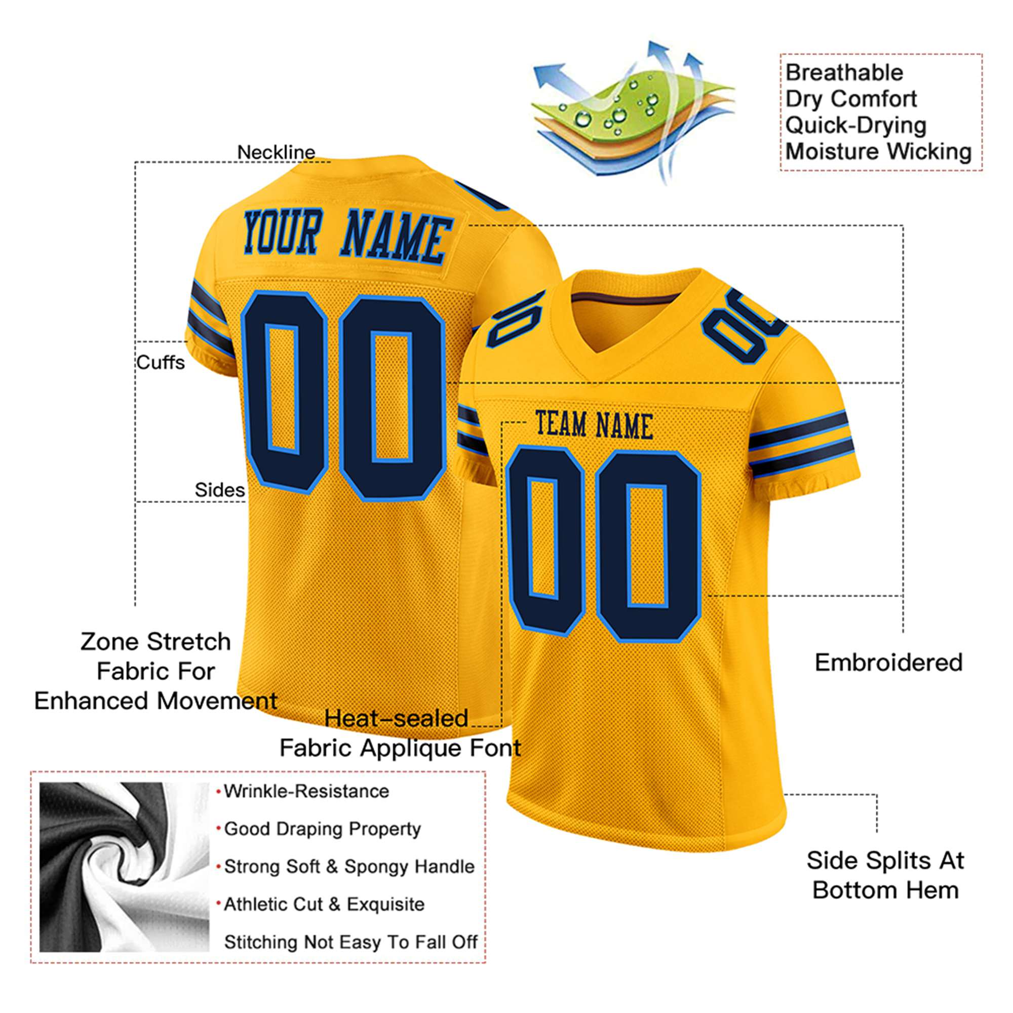 Custom Yellow Navy-Blue Mesh Authentic Football Jersey