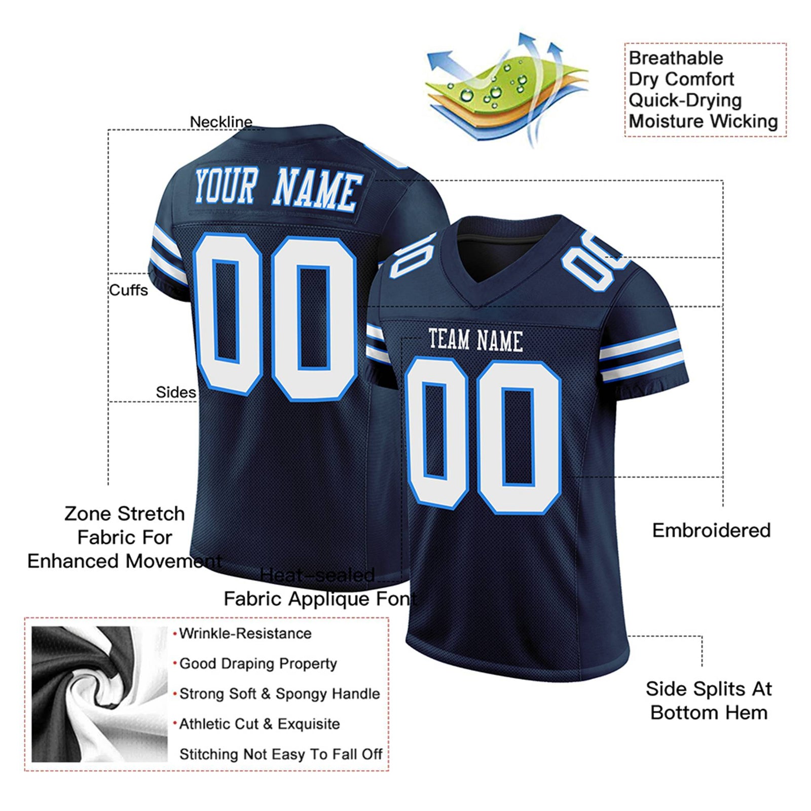 Custom Navy White-Blue Mesh Authentic Football Jersey