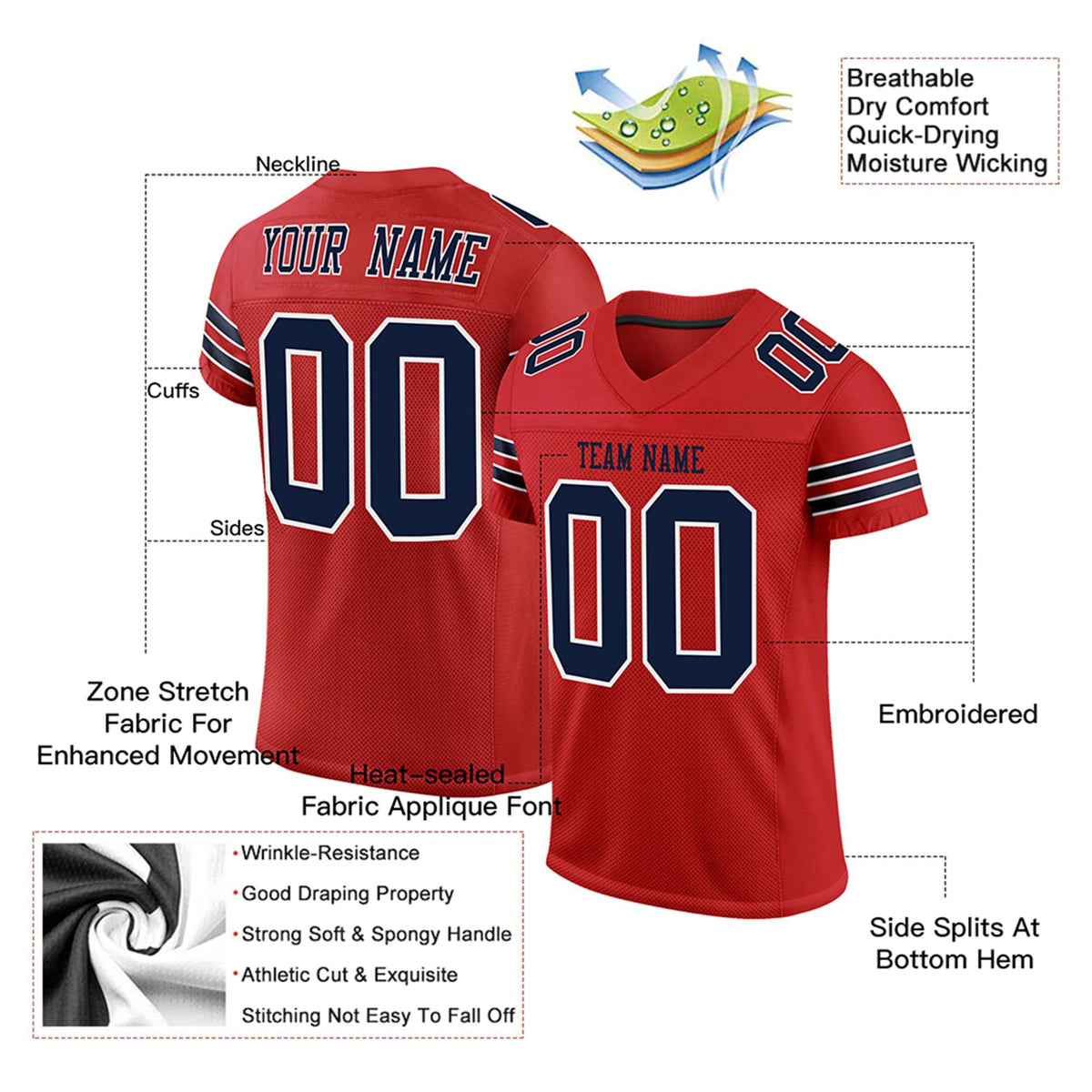 Custom Red Navy-White Mesh Authentic Football Jersey