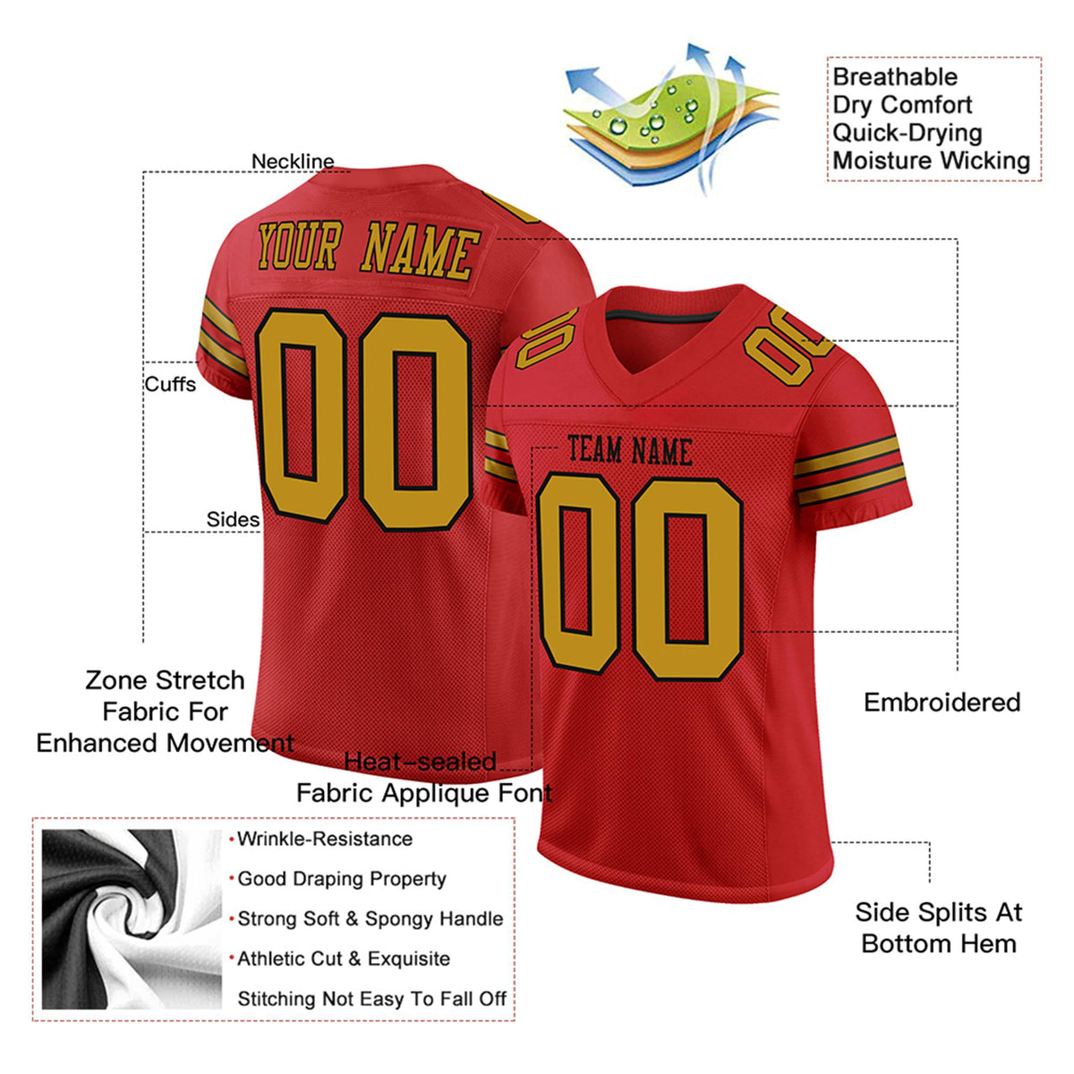 Custom Red Old-Gold Black Mesh Authentic Football Jersey