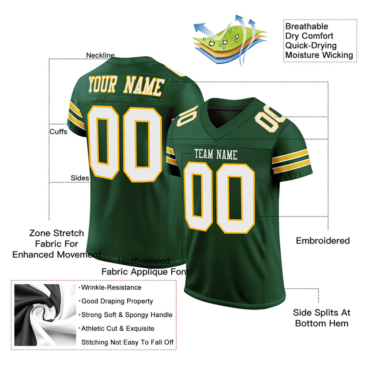 Custom Green White-Gold Mesh Authentic Football Jersey
