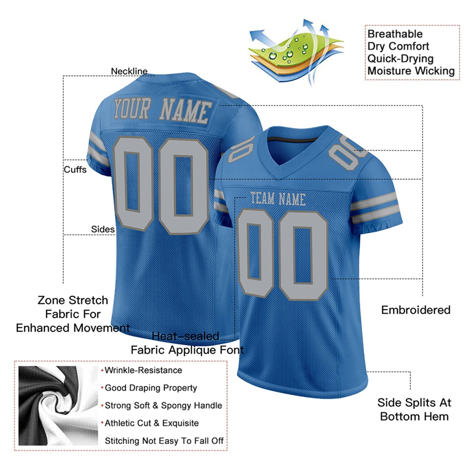Custom Panther-Blue Gray Mesh Authentic Football Jersey