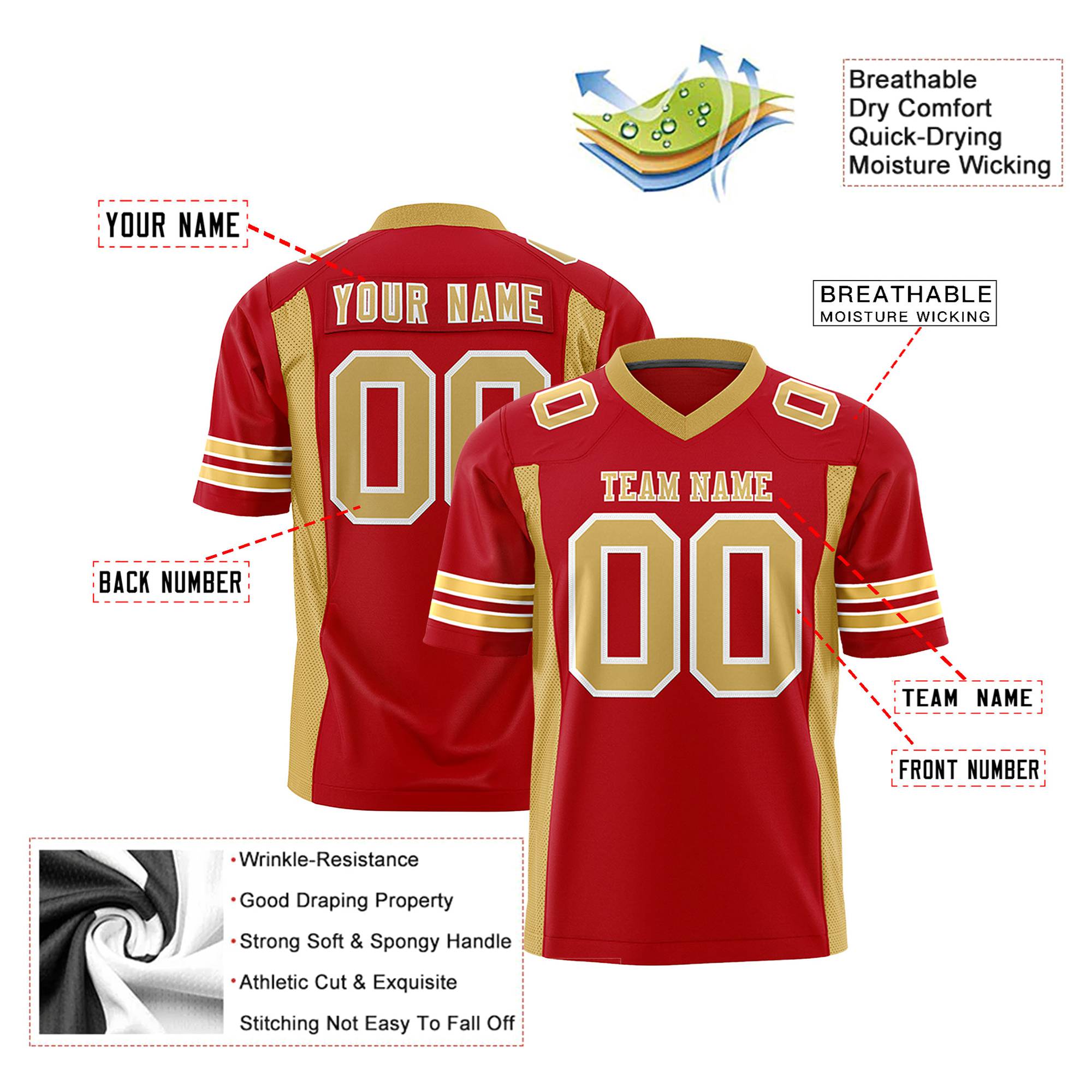 Custom Red Gold-White-Gold Mesh Drift Fashion Football Jersey