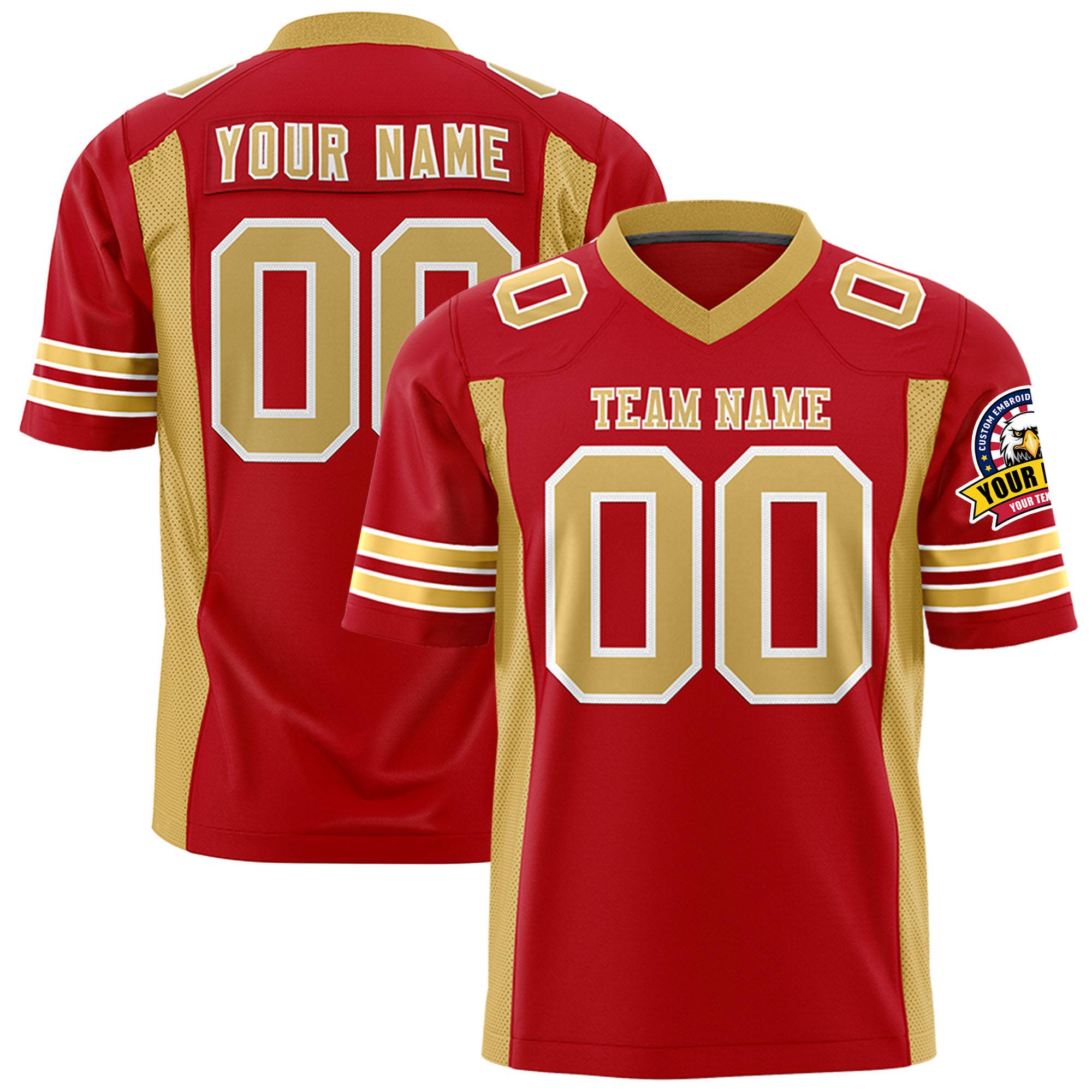 Custom Red Gold-White-Gold Mesh Drift Fashion Football Jersey