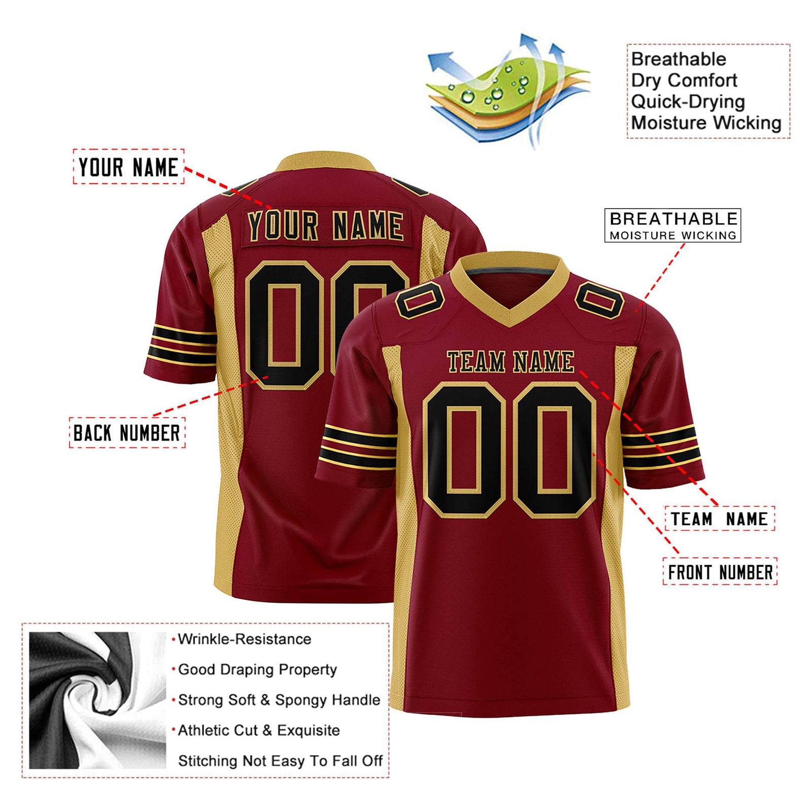 Custom Crimson Black-Gold Mesh Drift Fashion Football Jersey