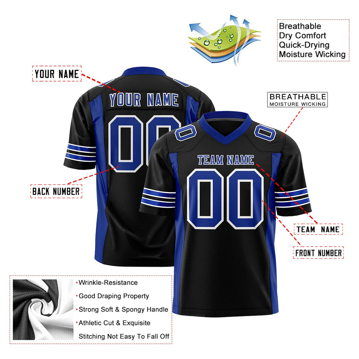 Custom Black Royal Blue Mesh Drift Fashion Football Jersey