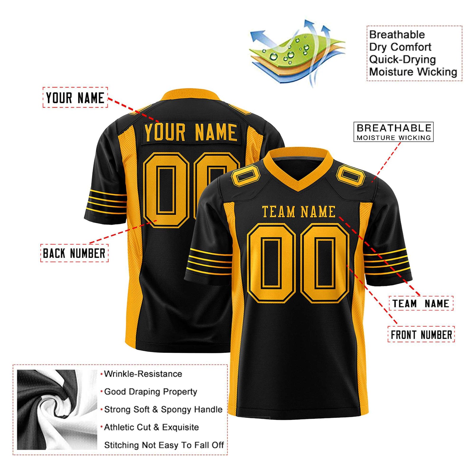 Custom Black Yellow Mesh Drift Fashion Football Jersey
