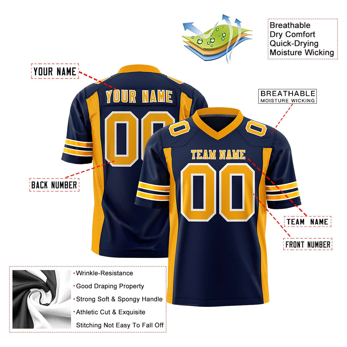 Custom Navy Gold Mesh Drift Fashion Football Jersey