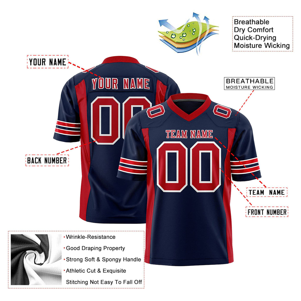 Custom Navy Red Mesh Drift Fashion Football Jersey