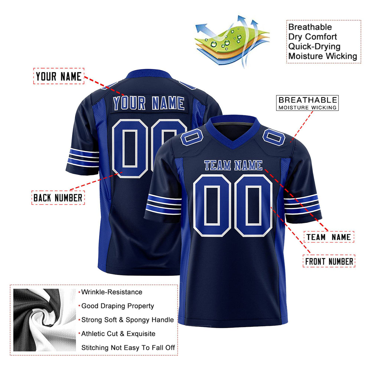 Custom Navy-Royal Blue Mesh Drift Fashion Football Jersey
