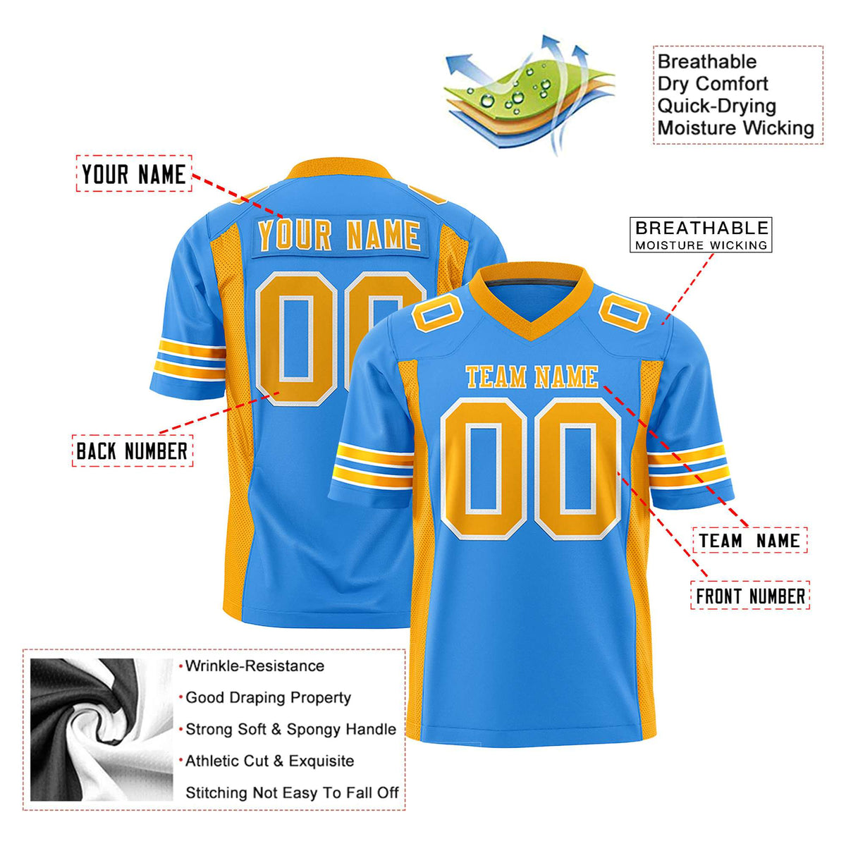 Custom Powder Blue-Gold Mesh Drift Fashion Football Jersey